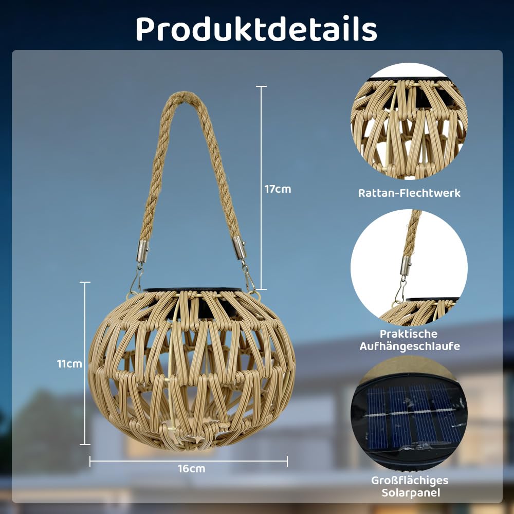 2 lampade solari in rattan, rattan, in rattan, per esterni, da appendere, a energia solare, per esterni, boho, a maglia solare, con IP65, resistente alle intemperie, per giardino, terrazza