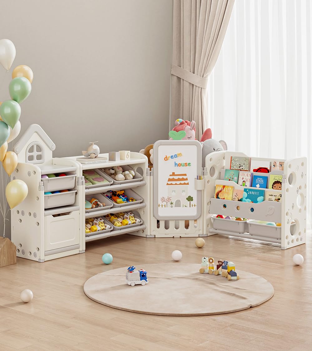 Kids Toy Storage Organizer with 10 Removable Bins, Foldable Toy Organizers and Storage with 3-Tier Bookshelf for Kids Toy Storage Organizer with Drawing Board, Extra 3 Brushes (4 In 1 Off-white)