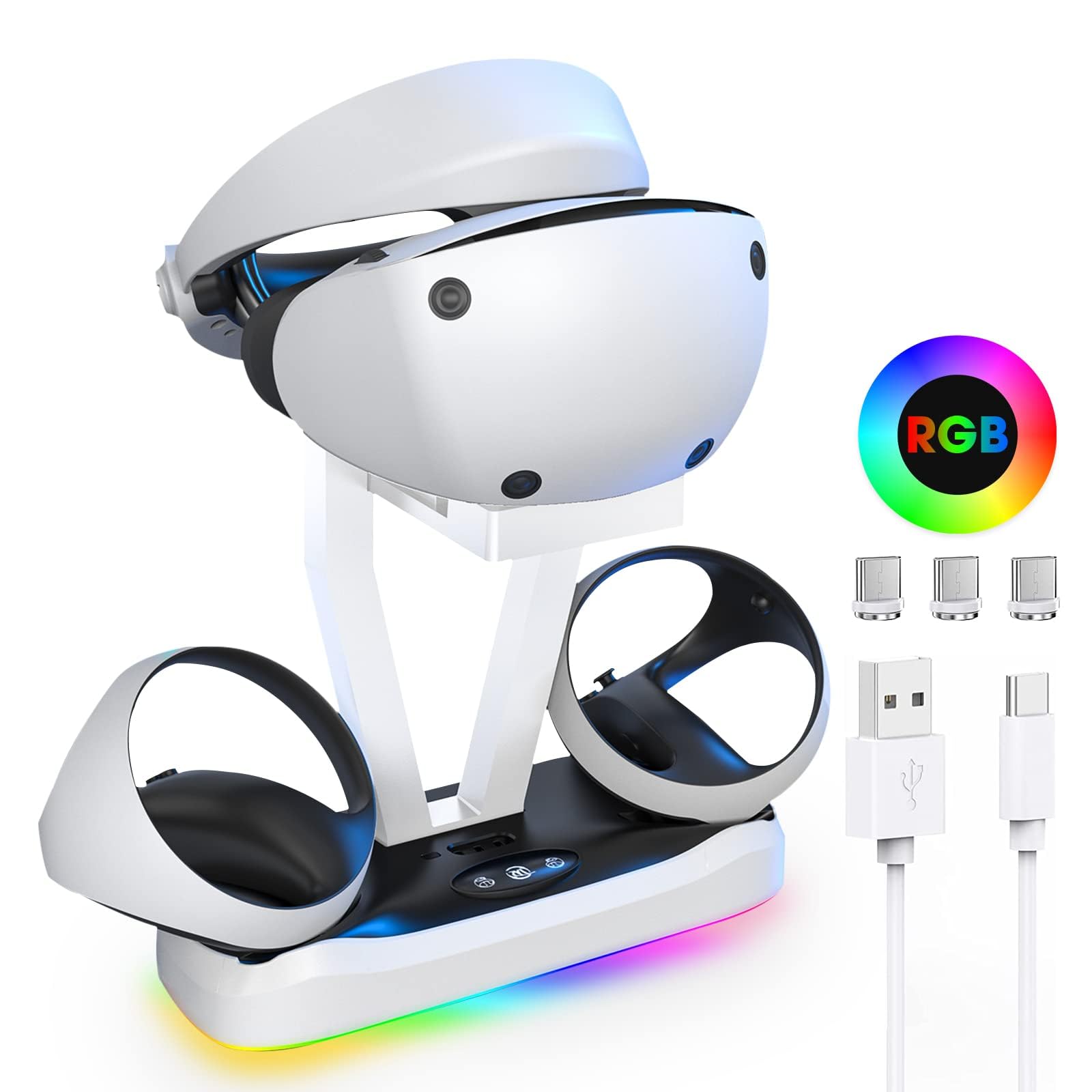 Charger Dock Station for PS5 VR2, Fast Charging Dock with LED Light, Dual Controller Charging Station for PSVR2, RGB Light, Headset Display Stand, Magnetic Connector, Includes Type-C Cable