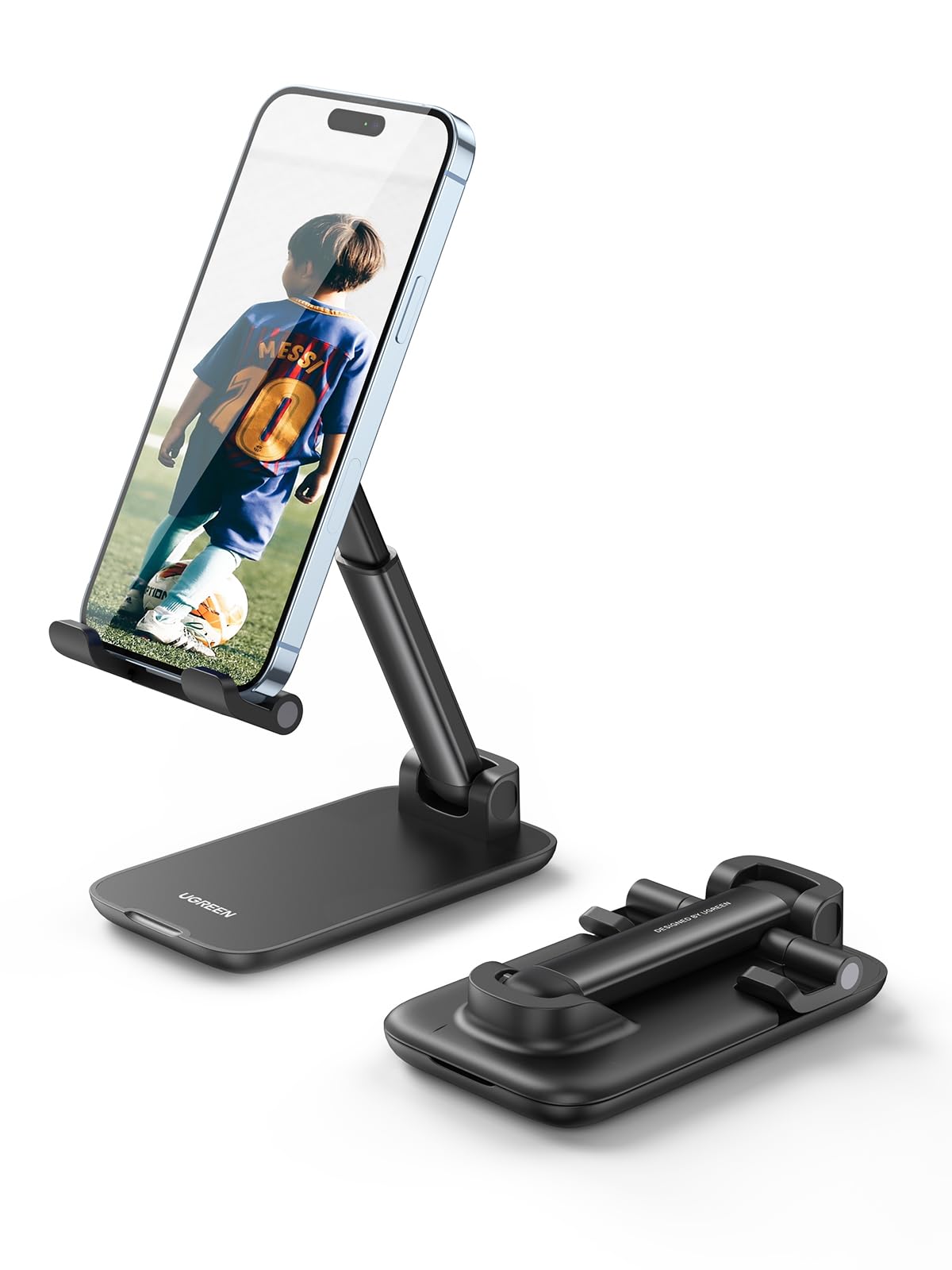 UGREENPhone Stand, Height Adjustable Phone Holder, Aluminum Foldable Mobile Stand for Desk, Stable iPhone Holder Compatible with iPhone 17/16/15/14 Series Galaxy S24 S25 Ultra Black