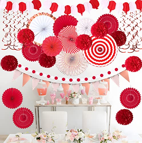 Image of Moon Boat 35PCS Party Decorations Paper Fan Hanging Set - Birthday,Wedding,Baby Shower,Circus,Festival Decor (Red)