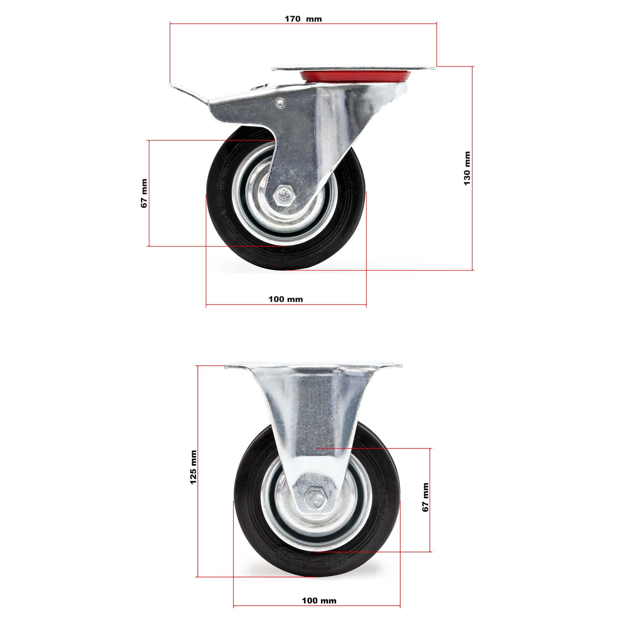 Wiltec Kit 4x Roulette – 2x Pivotantes double arrêt et 2x Fixes – Diamètre 100 mm – Capacité 70 kg/roue – Charge lourde, Caoutchouc plein Transport Meuble