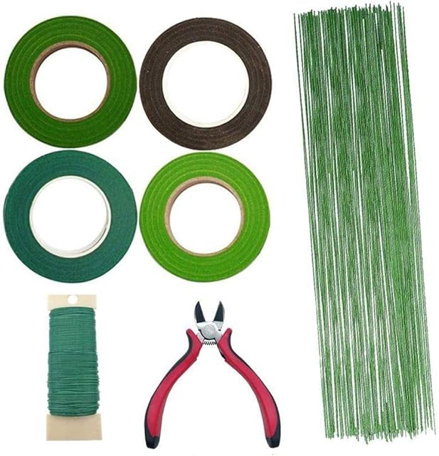 Woohome 7 PCS Floral Arrangement Tool Kit Floral Tape Stem Wrap 1/2 Inch, 26 Gauge Green Stem Wire Floral Wire, 22 Gauge Green Paddle Wire and 4.5 Inch Wire Cutter for Bouquet Stem Wrap Florist