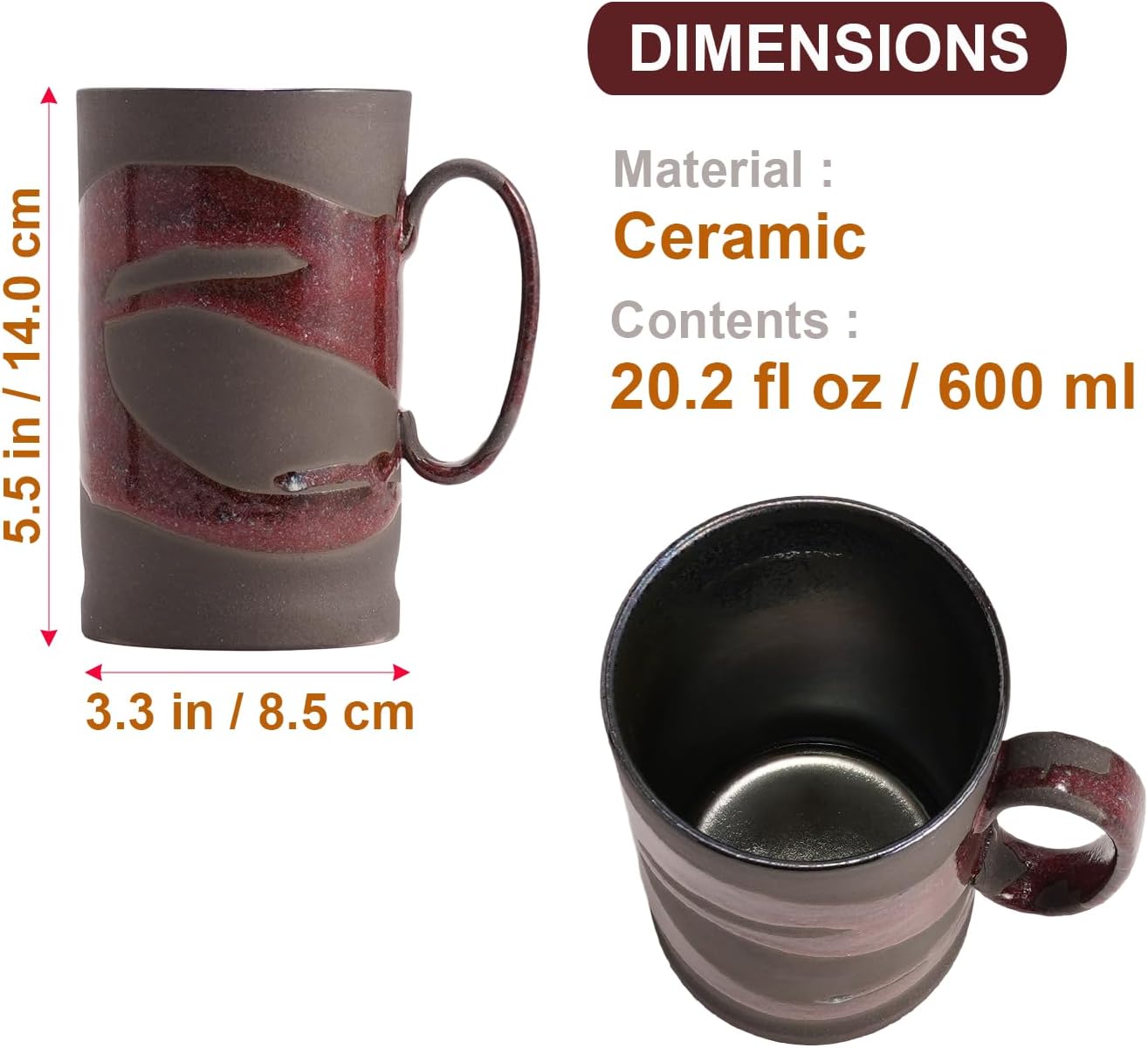 Mino Ware Ceramic Beer Mug 20.2 fl oz / 600 ml, Made in Japan, Handle Mug for Beer, Japanese Pottery Drinkware (Bordeaux)