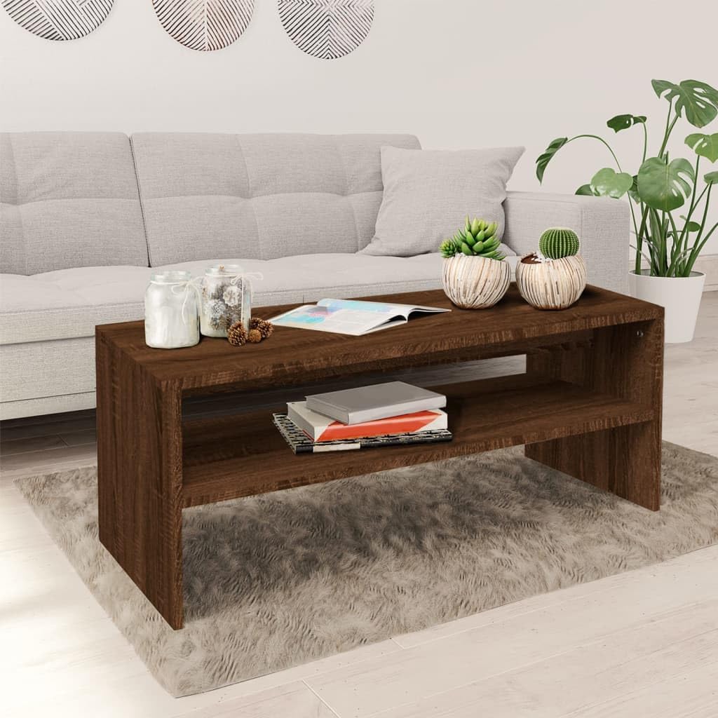 Mesa de centro marrón efecto roble 100 x 40 x 40 cm de material de madera, mesa auxiliar moderna con estante, mesa de salón estable para salón, dormitorio y oficina