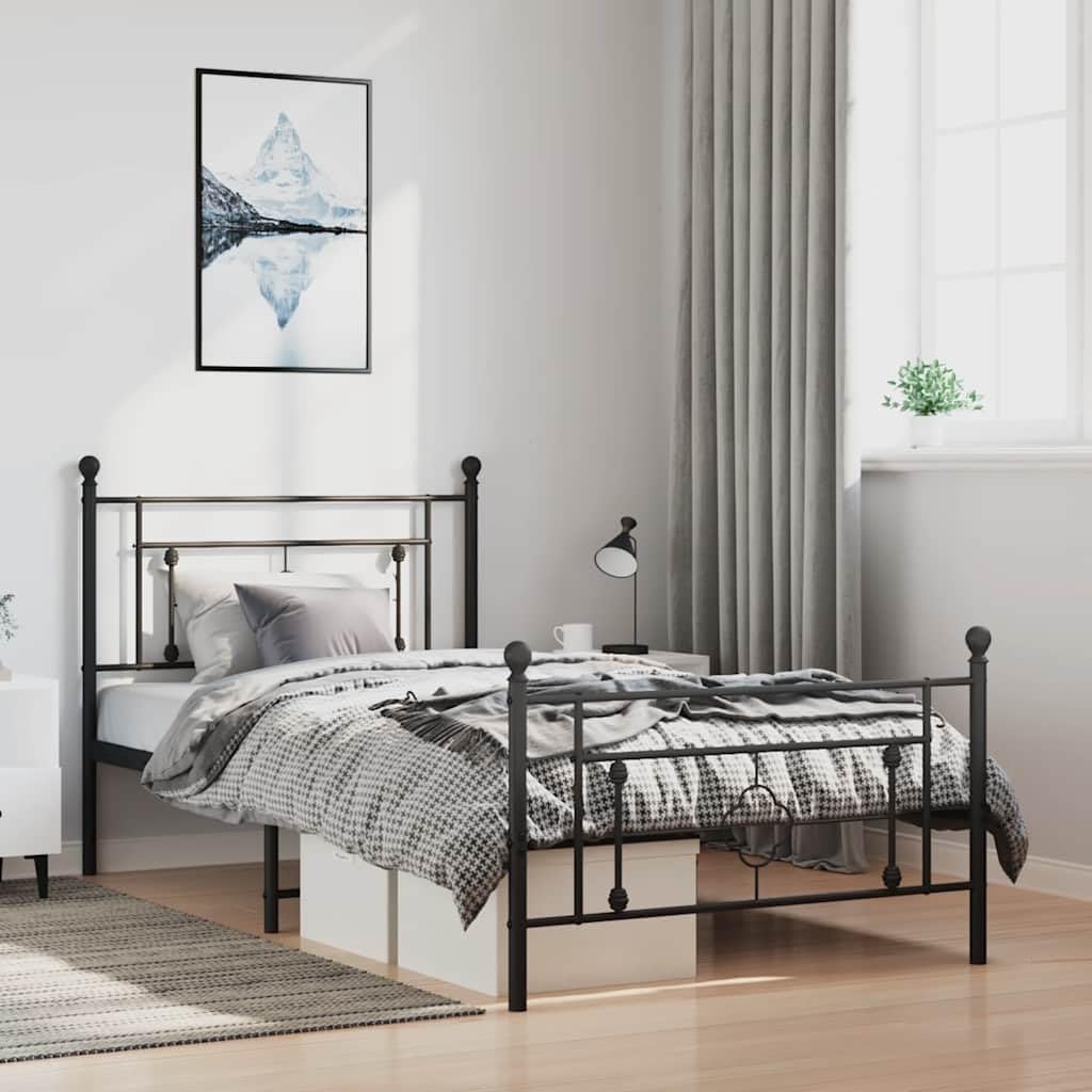 Bed Frame Black Steel Single Platform Foundation with Slatted Durable Heavy-Duty Frame for Mattress Support Easy-Assembly Modern Minimalist Bedroom Furniture