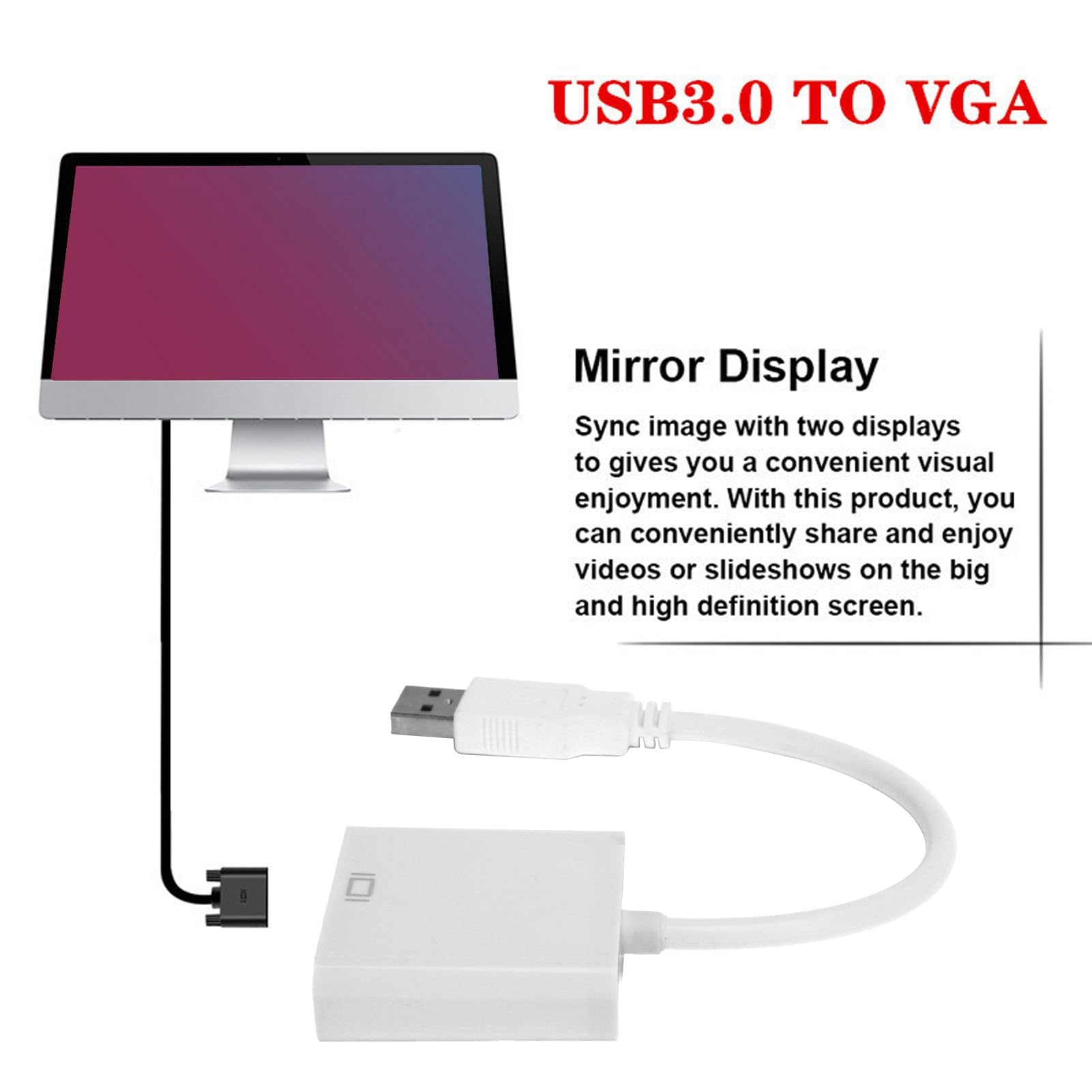 ZJchao Convertisseur USB USB3.0 USB3.0 vers VGA Mâle, Câble Adaptateur HD 1080P 5Gbps, Carte Vidéo Externe Femelle 15 Broches pour PC, Ordinateur Portable, Projecteur, (White)