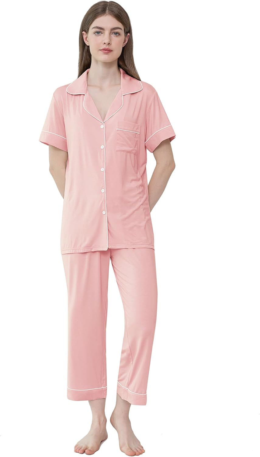 Joyaria Women Bamboo Viscose Capri Pajamas Set Cooling Button Down Pjs Short Sleeve Sleepwear Soft Loungewear S-XXL - Image 5