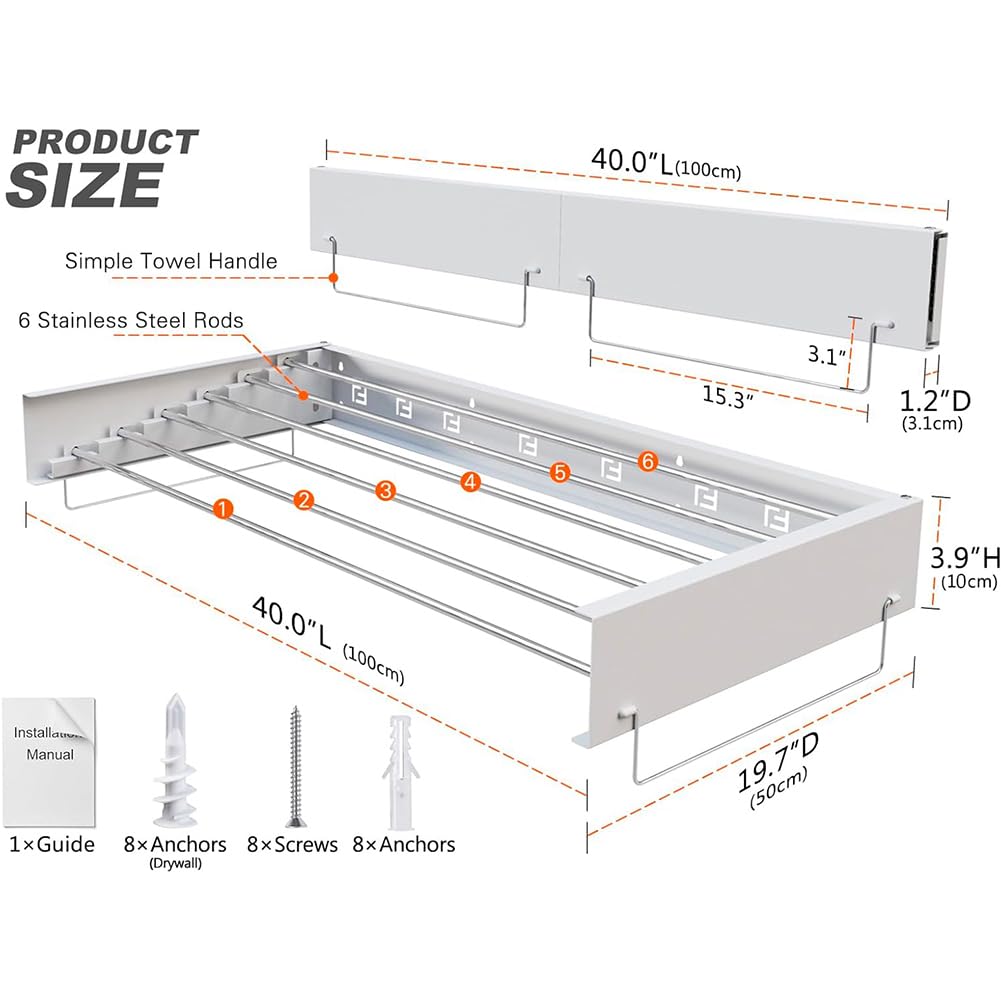 Étendoir mural extensible pliable portée 30 kg extensible 100 cm peu encombrant, design compact mince, blanc