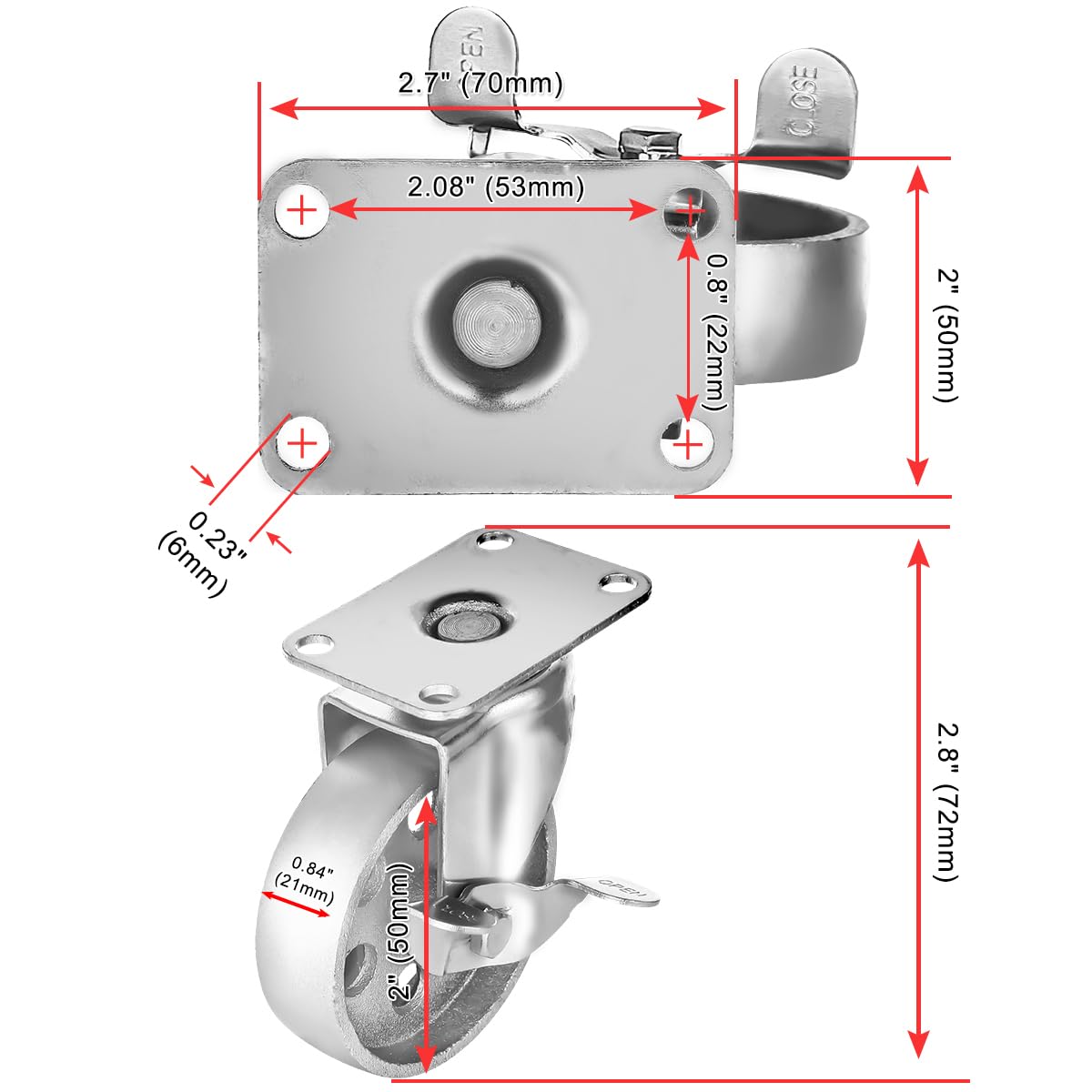 Caster Wheels, 4-inch Swivel Plate Casters, Set Of 4, With Security A/B Locking No Noise Pvc Wheels Heavy Duty 350 Lbs Load Capacity Per Caster Non Marking Wheels For Cart Furniture Workbench P 010666224525 - View #2
