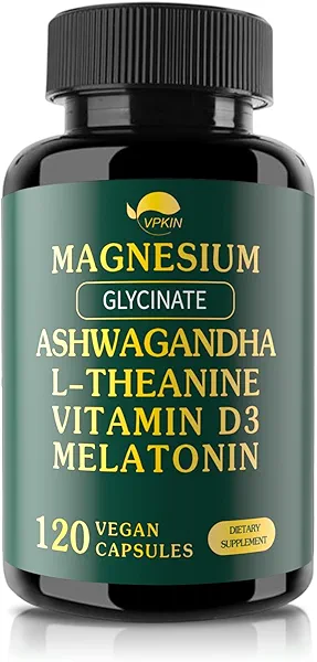 VPKIN Magnesium Ashwagandha Supplement,Magnesium Glycinate,Melatonin,L-Theanine Plus Vitamin D3,Gluten Free,120 Capsules