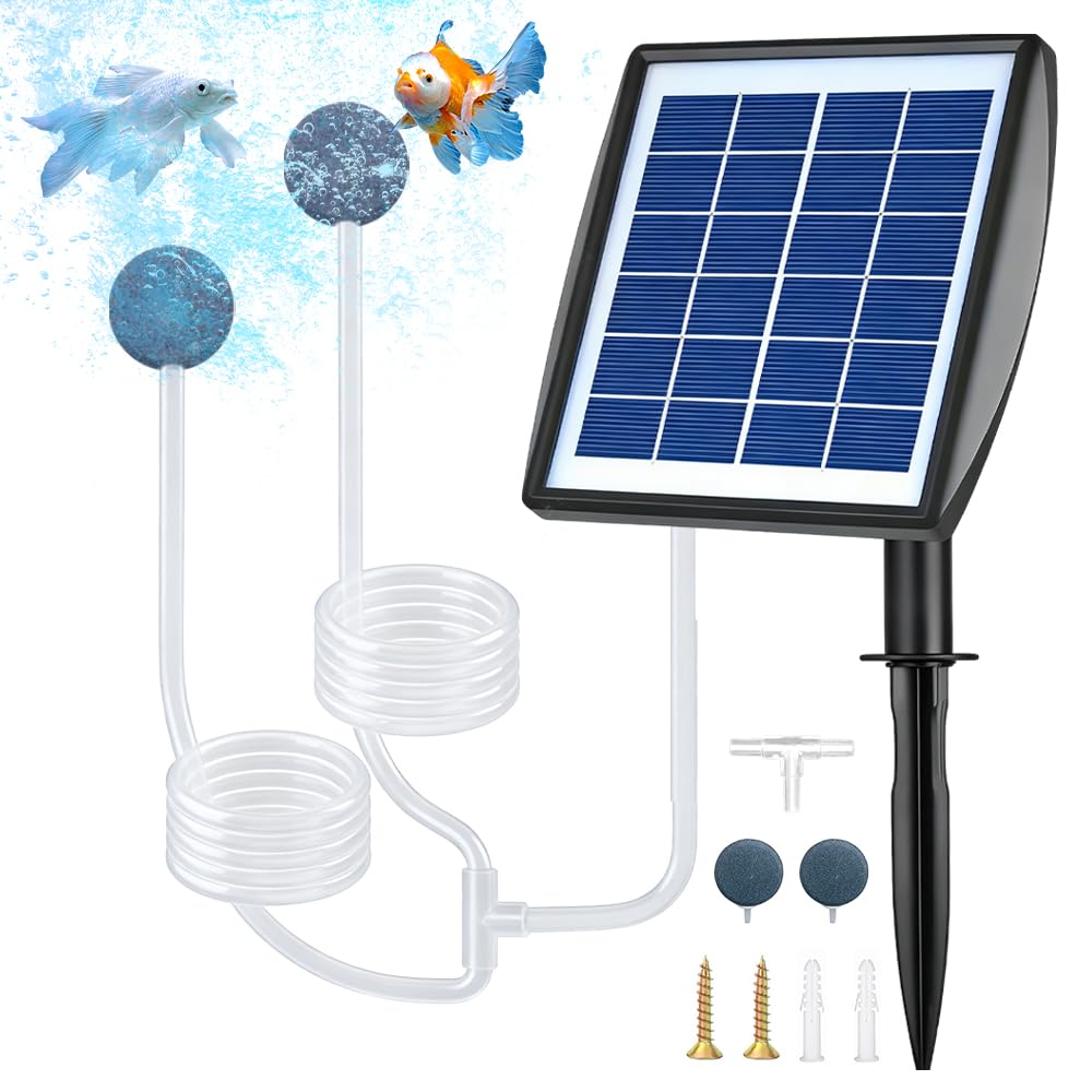 Solar Teichbelüfter, Solar Luftpumpe mit 2 Blasensteinen, IP64 Wasserdichter Sauerstoffgeber für Teich, Aquarium, Hydrokultur, Fischtank, Wasserbrunnen, Garten