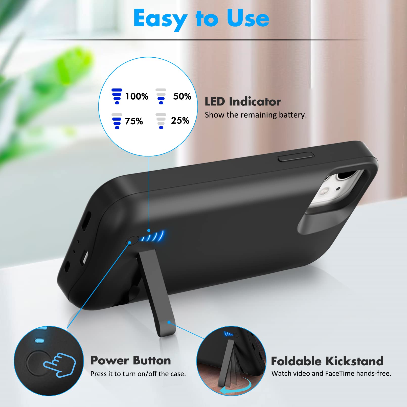 Cover Batteria per iPhone 12 Mini/13 Mini (5.4"), 8500mAh Custodia Batteria Protettiva a 360° con Supporto, Powerbank Ricaricabile ed Espandibile & Film Temperato