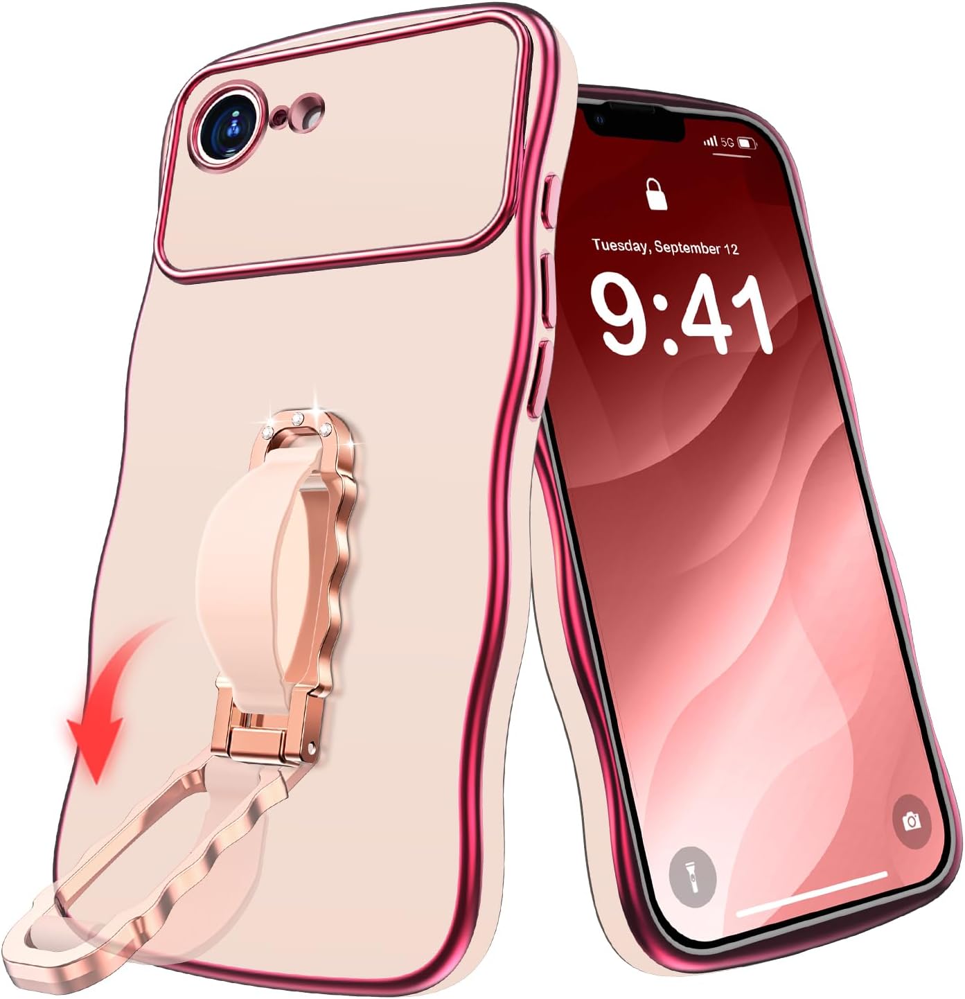 Miss Arts for iPhone 16e Case with Stand, Wavy Edge Phone Case with Finger Grip Strap, Women Girls Luxury Cute Slim Protective Cover for iPhone 16 e, Pink