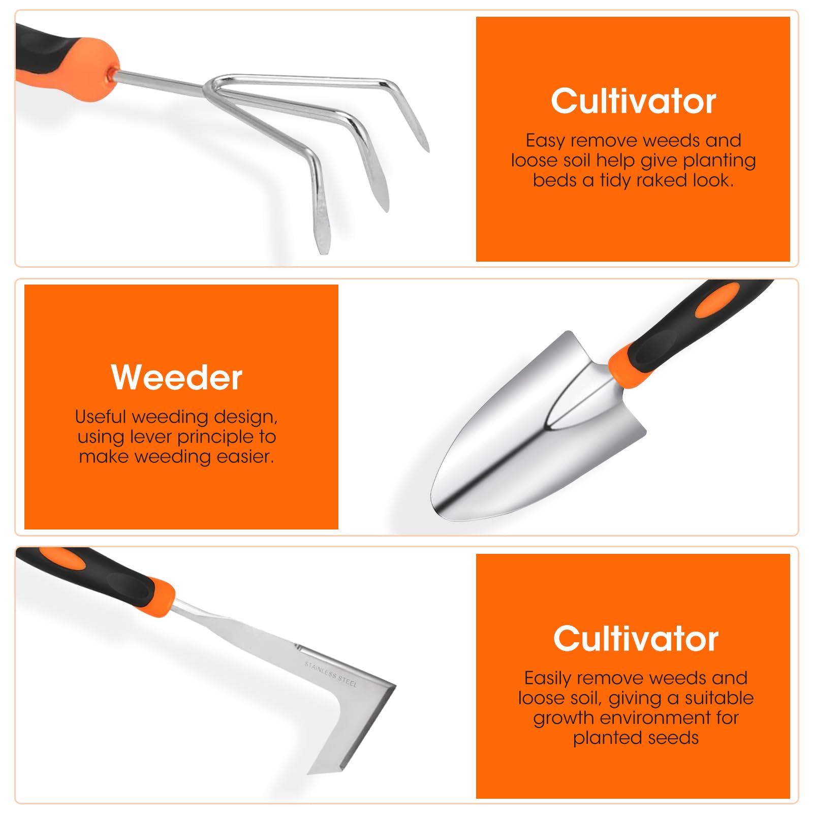 Gartden Tools, 10 herramientas de jardín de acero inoxidable para jardinería con mango ergonómico antideslizante, herramientas de mano de jardín con bolsa de mano para mujeres, hombres, regalo 4