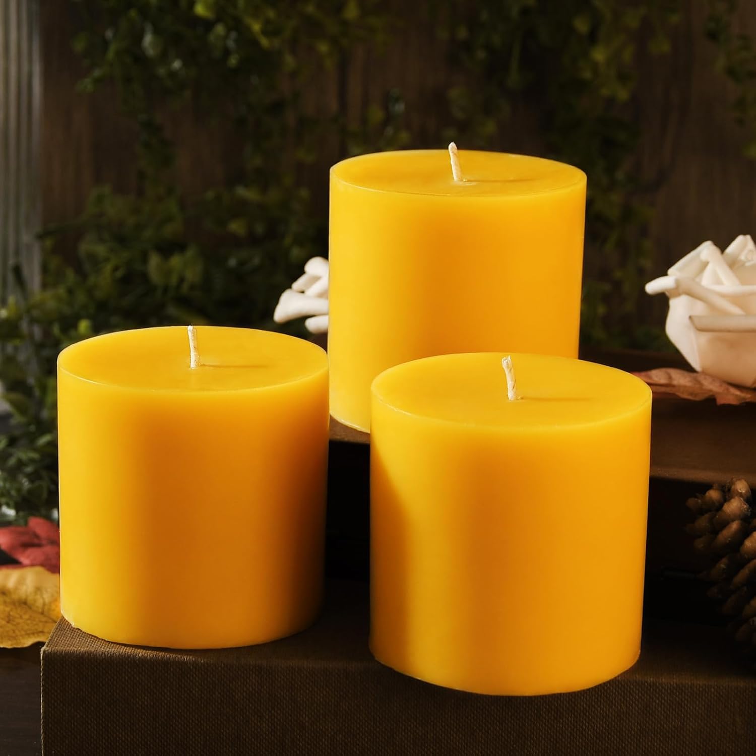 Set of 3 Natural Beeswax Pillar Candles - 3 inch Wide (3 inch 4inch 6inch Tall) - 100% Pure Bees Wax Candles, Long Burning, Unscented Smokeless & Dripless, for Emergency, Home Decor