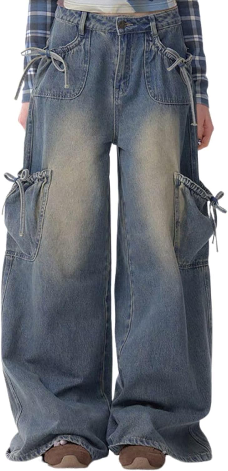 Baggy Jeans for Teen Girls Woman Bow Jeans High Waist Wide Leg Loose Pants Casual Streetwear Cute Clothes