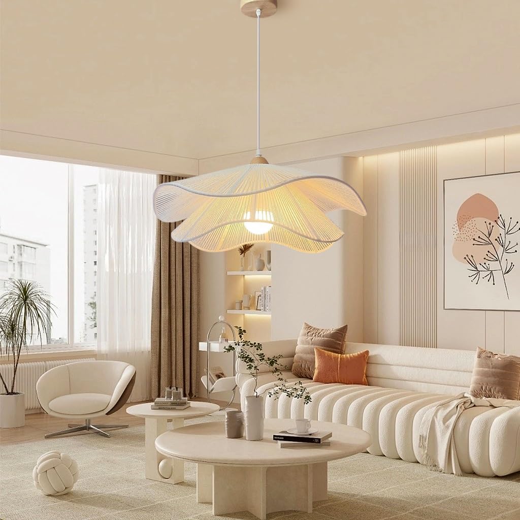 Rattan Hängelampe Vintage Pendelleuchte Im Landhausstil Kronleuchter Im Böhmischen Stil Für Den Esstisch LED Deckenleuchte Geeignet Für Kücheninsel Esszimmer Wohnzimmer Schlafzimmer(Weiß,50CM)