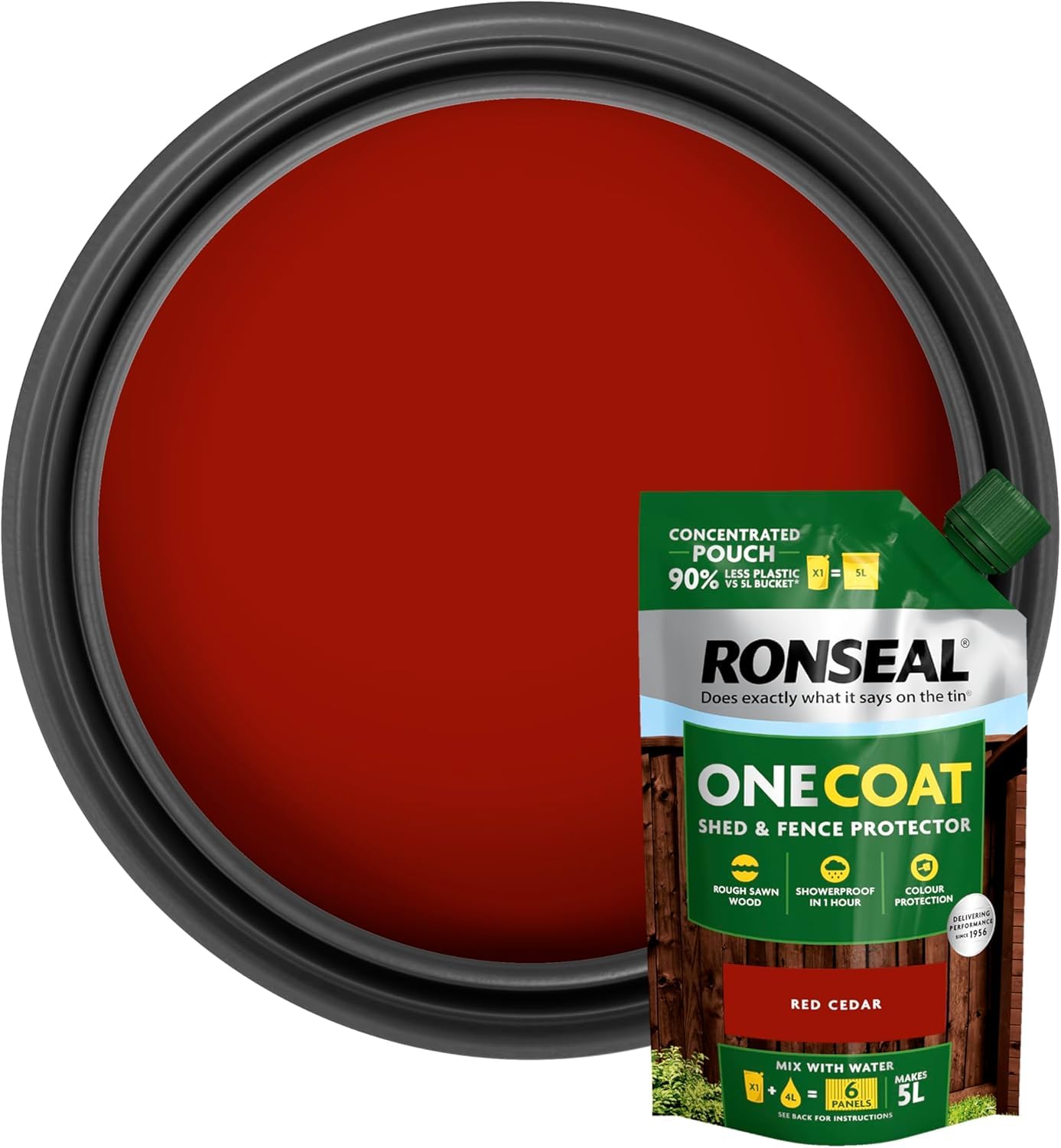 One Coat Shed & Fence Paint Refill Pouch – 950ml – Red Cedar – Mix 1 Pouch with 4L Water to Make 5L – Same as Ready-Mixed Buckets – Weatherproof Wood Treatment for Fences & Sheds