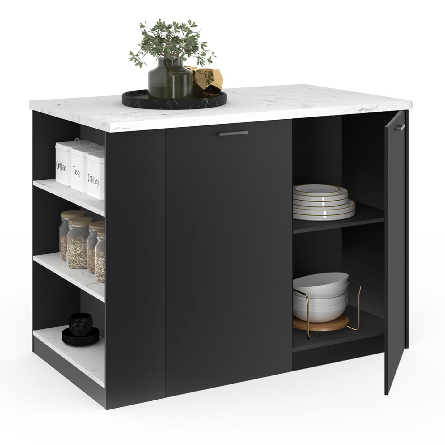 IDMarket - Ilot Central TIBO 120 cm Bois Noir avec Plan de Travail Effet marbre Alaska