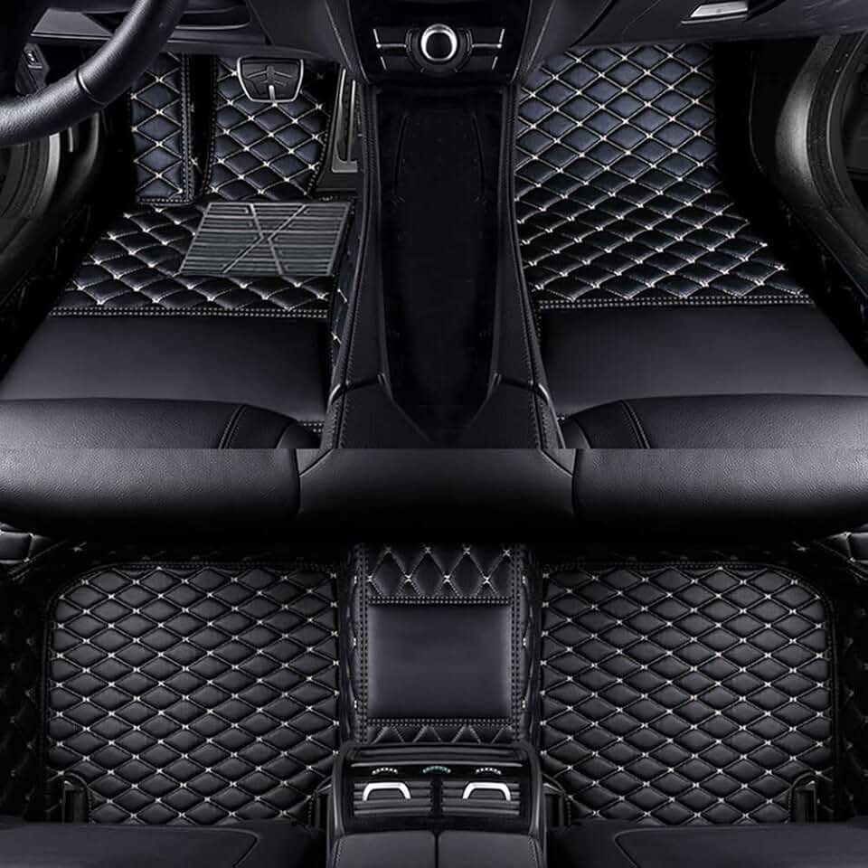 Diamond Floor Mats Compatible with Mercedes Benz C-Class W205 2014-2019, Leather Front &amp; Rear Car Mats Carpet Heavy Duty Automotive Floor Mats All Weather Non-Slip Mats Black- Beige