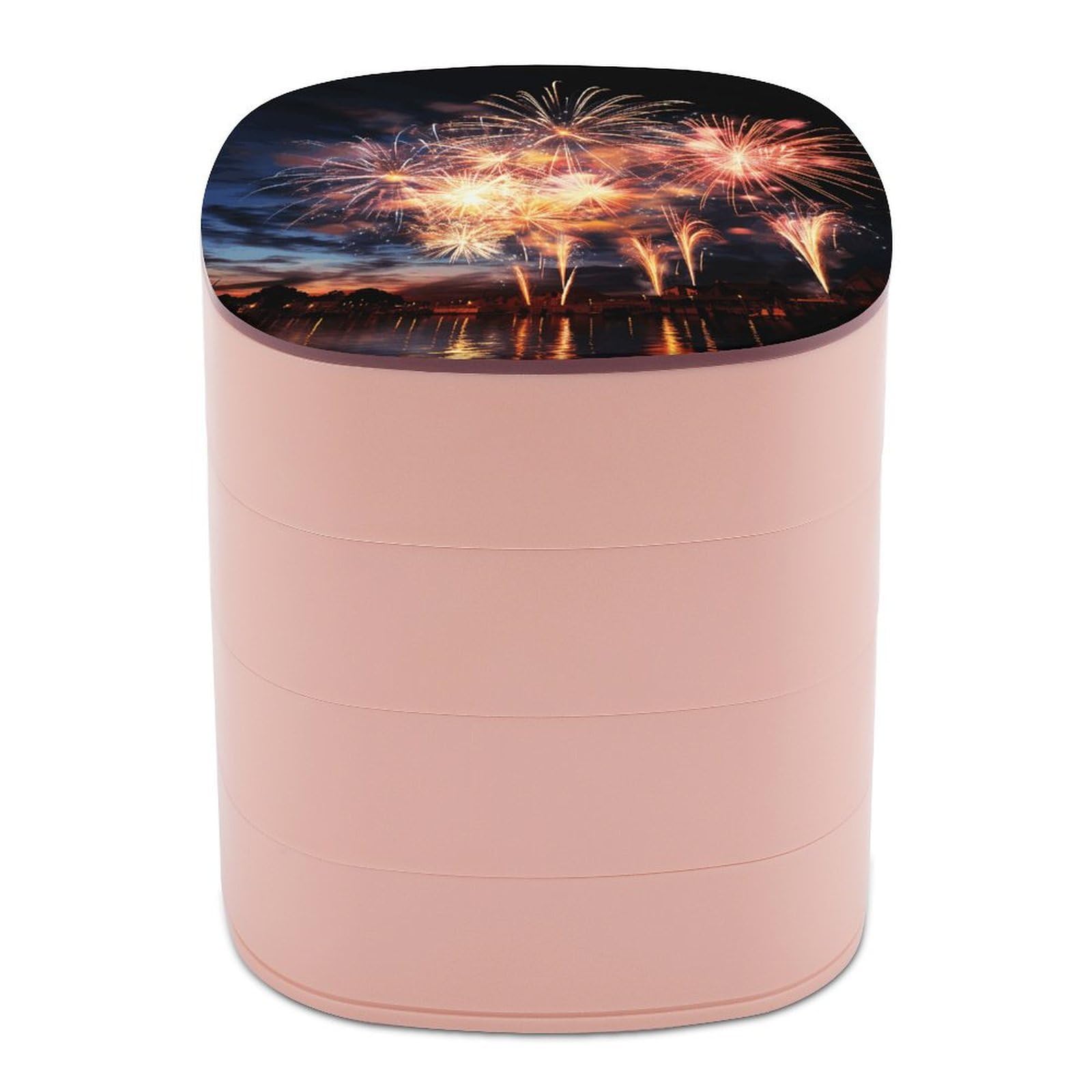 VstaDank Beautiful Fireworks Jewelry Box 360° Rotatable Jewelry Organizer 4 Layers Jewelry Case with Lid Fashion Portable Earring Holder for Bracelets Rings Bracelets Vanity