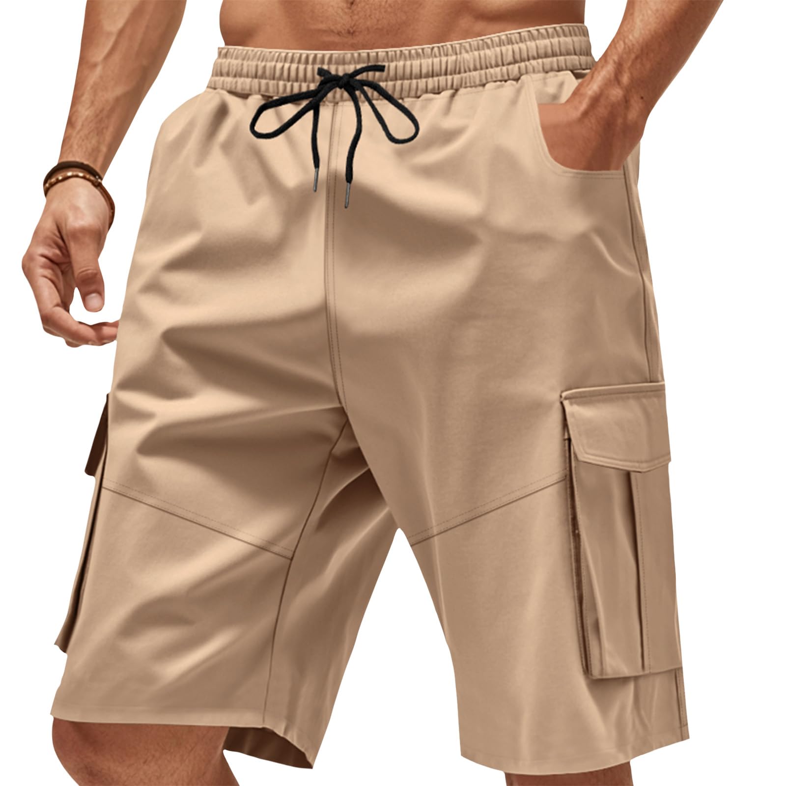 Mens Casual Cargo Shorts Classic Drawstring Elastic Waist Summer Work Short with Multi Pocket Camping Outfits