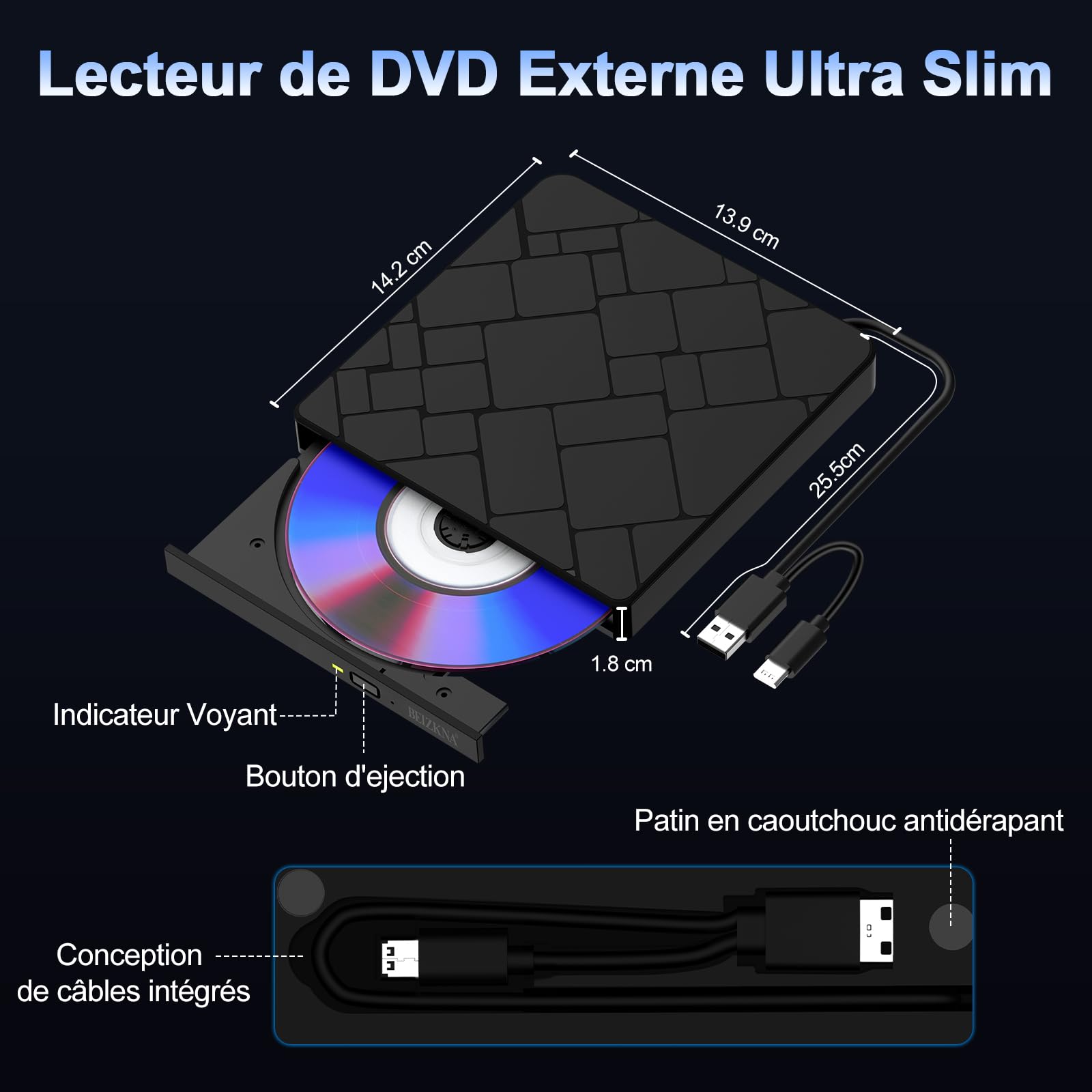 Beizkna Lecteur CD DVD Externe pour PC USB 3.0 & Type C Portable Lecteur DVD Graveur CD ROM +/-RW DVD Externe pour PC Laptop Desktop iMac MacBook Pro/Air Windows 11/10/ 8/7/ XP/Linux/Mac OS