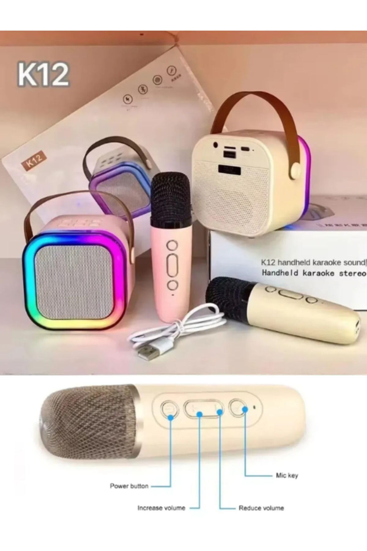 K12 Kablosuz Bluetooth Hoparlör Karaoke Mikrofon 5 Ses Efektli Rgb Hd Stereo Ses Usb/Sd/FM