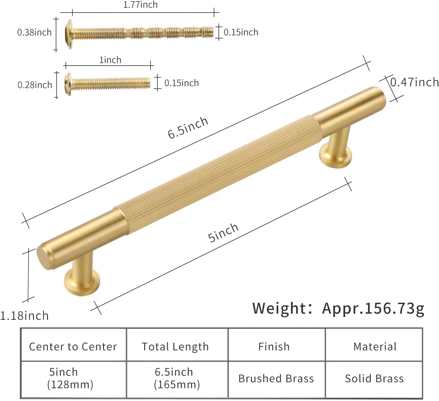 SALISENG-5 Pack Brushed Gold Cabinet Handles, Solid Brass Kitchen Drawer Pulls, 5 Inches Furniture Door Handles for Cupboard Bedroom Wardrobe(Arina)