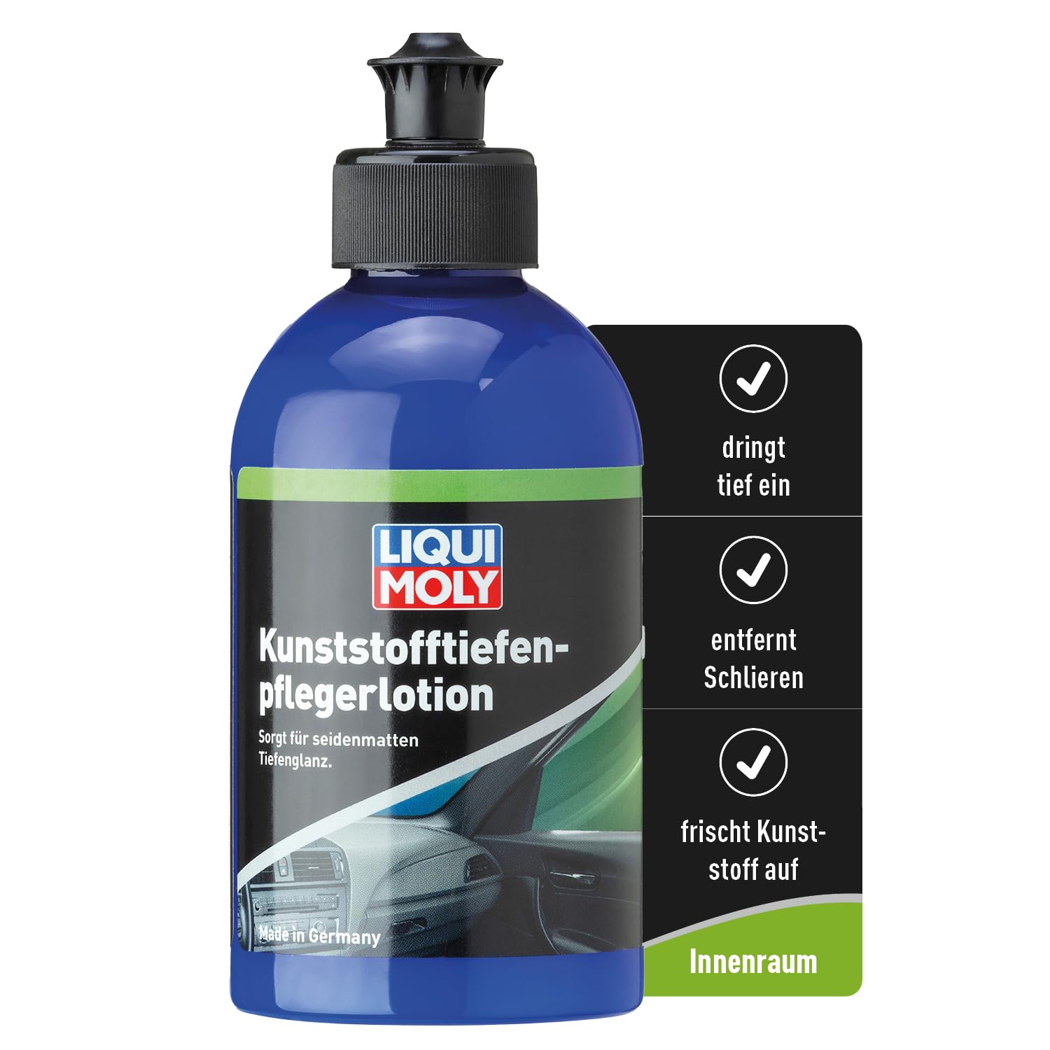 LIQUI MOLY Kunststofftiefenpflegerlotion, Art.-Nr. 1537 I 250 ml dickflüssige Kunststoffpflege für senkrechte Stellen im Auto-Innenraum I Pflegt und frischt Kunststoff auf I Seidenmatter Glanz