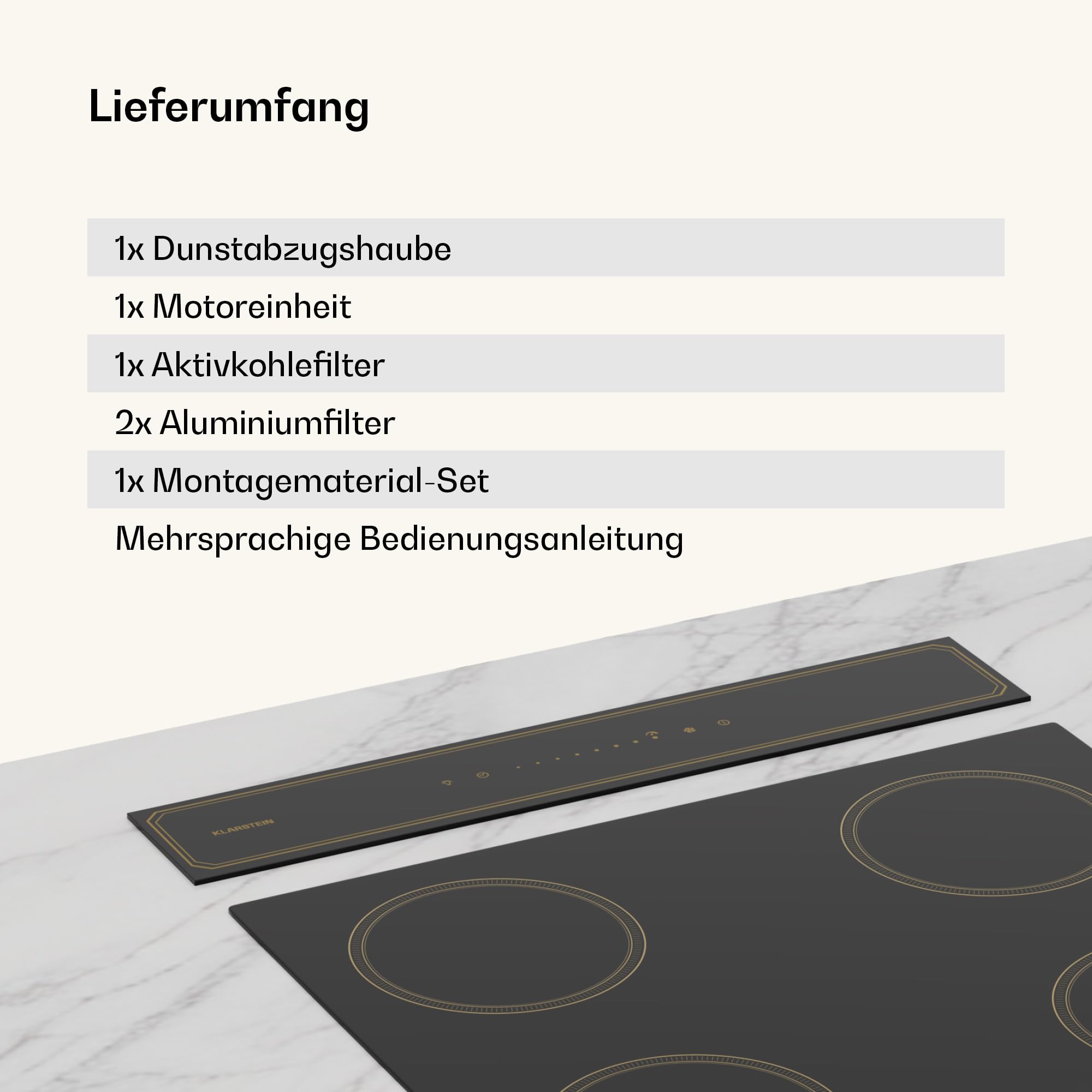 Klarstein Victoria Downdraft Dunstabzugshaube, A Energieeffizienz, 713,8 m³/h, 52 dB, Touchscreen, LED, Schwarz