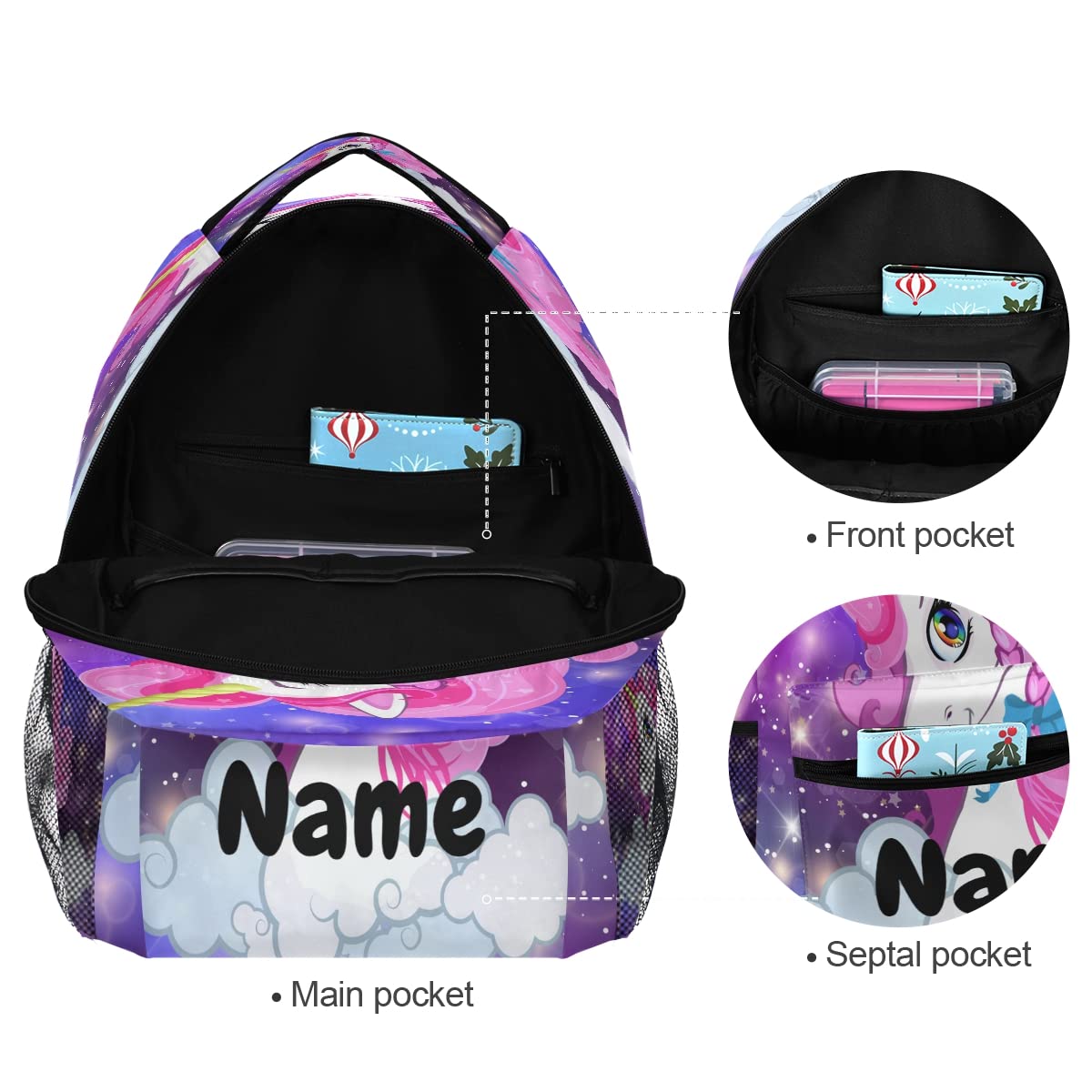 Mochila personalizada para niños y niñas, lindo caballo con flores de cuento de hadas personalizado nombre estudiante bolsa para escuela primaria, #03, talla única