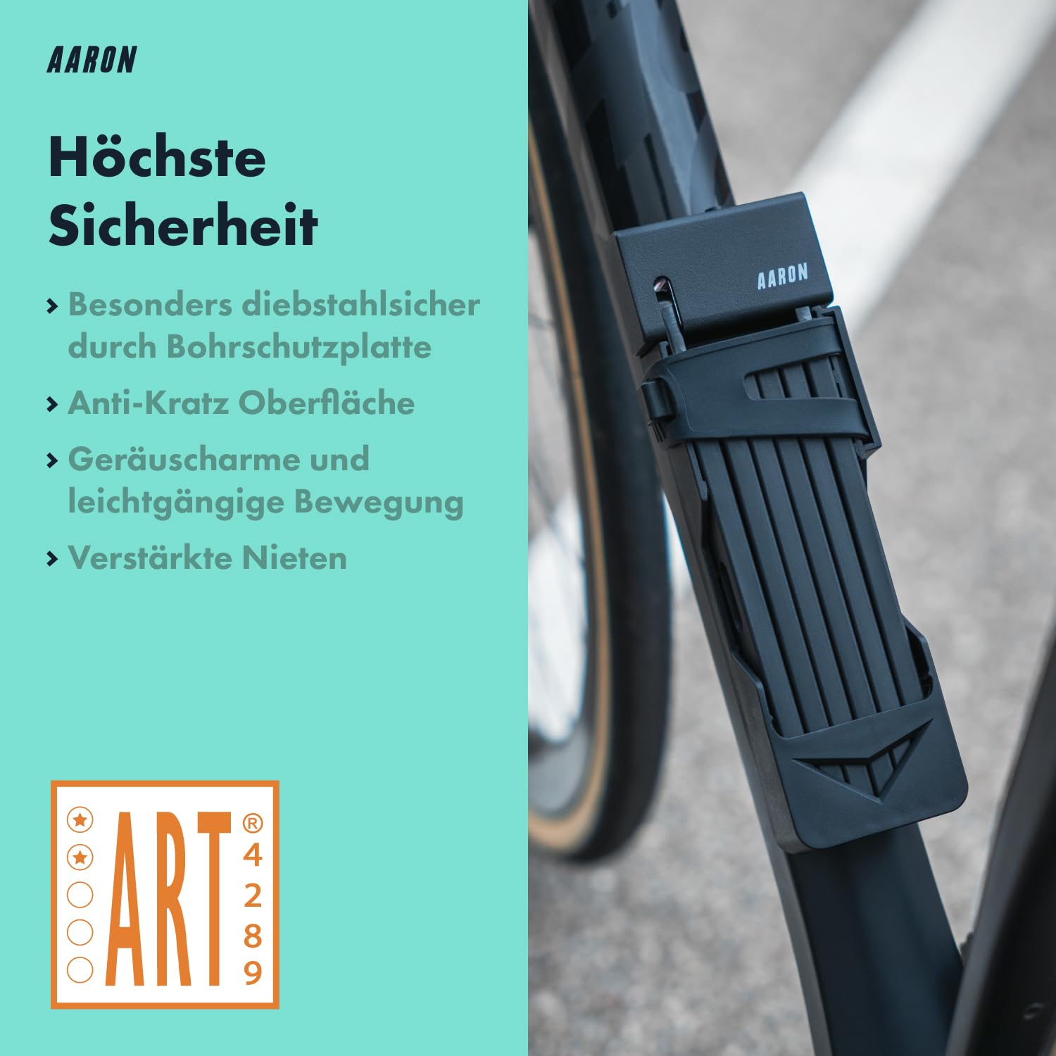 AARON Shield Fahrradschloss - sicheres Faltschloss Stufe 14, patentiertes Hochsicherheitsschloss mit Halterung - leichtes Fahrrad schloss mit Schlüssel für E-Bike, Rennrad, Motorrad, MTB in schwarz