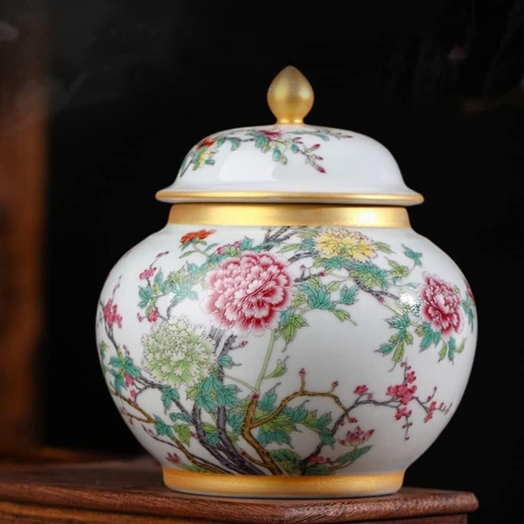słoik na imbir, Białe ceramiczne wazony imbirowe z pokrywką i złotymi detalami do