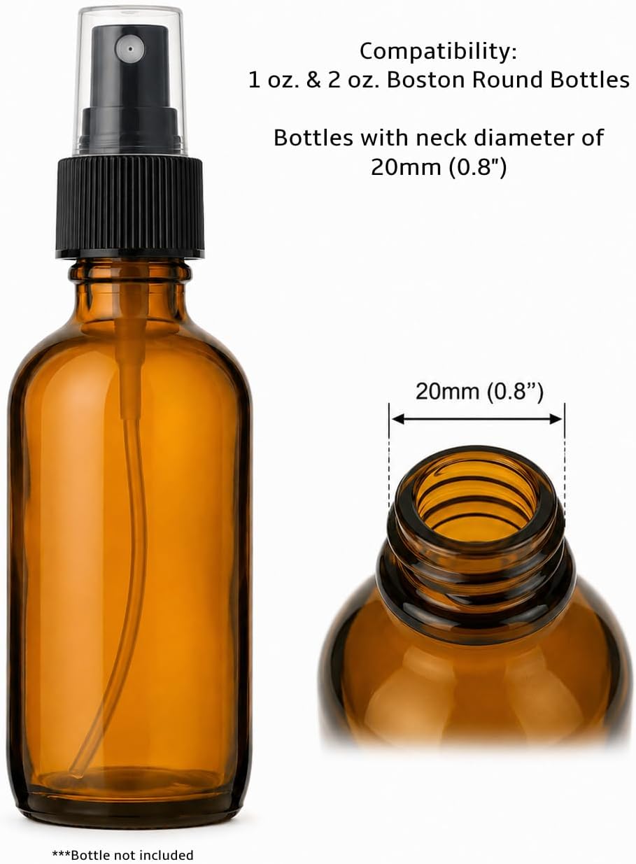 12 Pcs Black Spray Top, 20/410 Fine Mist Sprayer Spray Bottle Pump Plastic Top for Boston Rounds 1 & 2 oz. Perfume and Body Spray Bottles