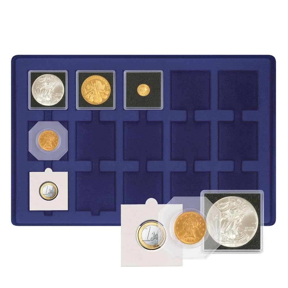 LINDNER Das Original Aluminium Coin Case with 5 Dark Blue Coin Trays for 75 Coin Frames 50 x 50 mm