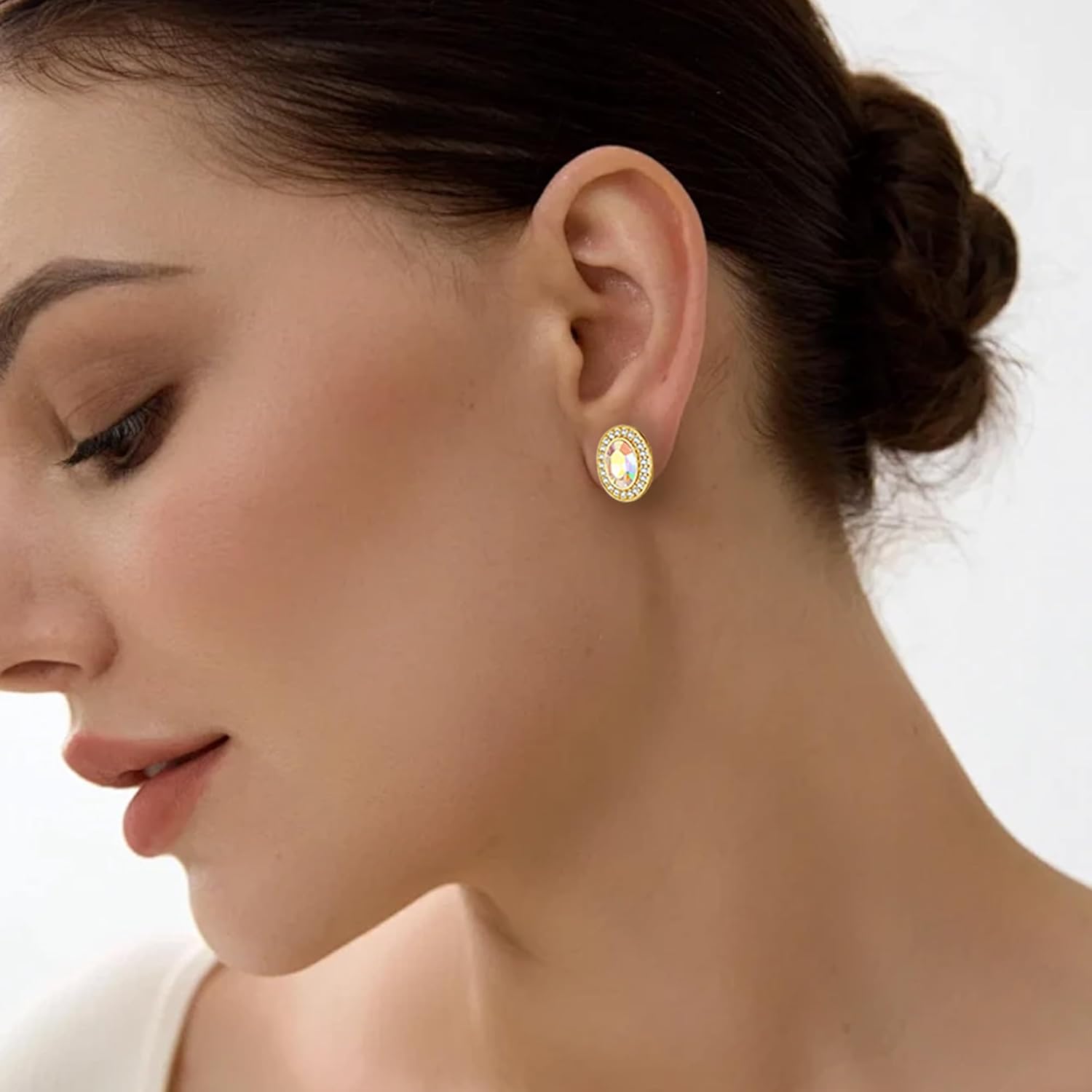 EVEVIC Austrian Crystal Halo Oval Stud Earrings for Women Trendy,14k Gold Plated Hypoallergenic Earring Jewelry Gift - Image 2