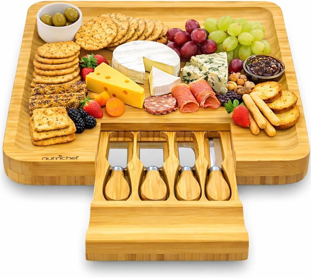 NutriChef Bamboo Cheese Board Set - Bonus Condiment Cup - Extra Large Size 100% Natural Home Organic Wooden Plate Cheese and Charcuterie Tray with 4 pcs Cutting Cheese Knife Slicer Set