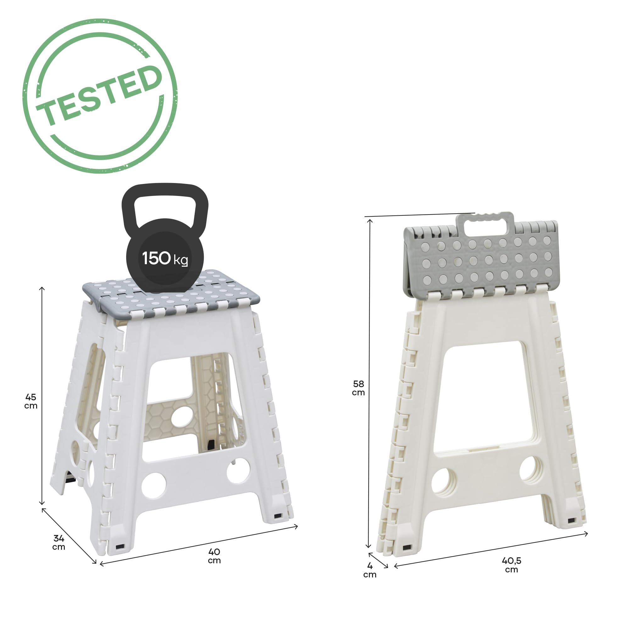 ARREGUI TB-045-GB Taburete Plegable para Cocina o Baño| Escalera Plegable Pequeña | Asiento Plegable | Banqueta Baño | Escalón Plegable para Adultos y Niños (hasta 150Kg) | 45 cm de Altura | Blanco