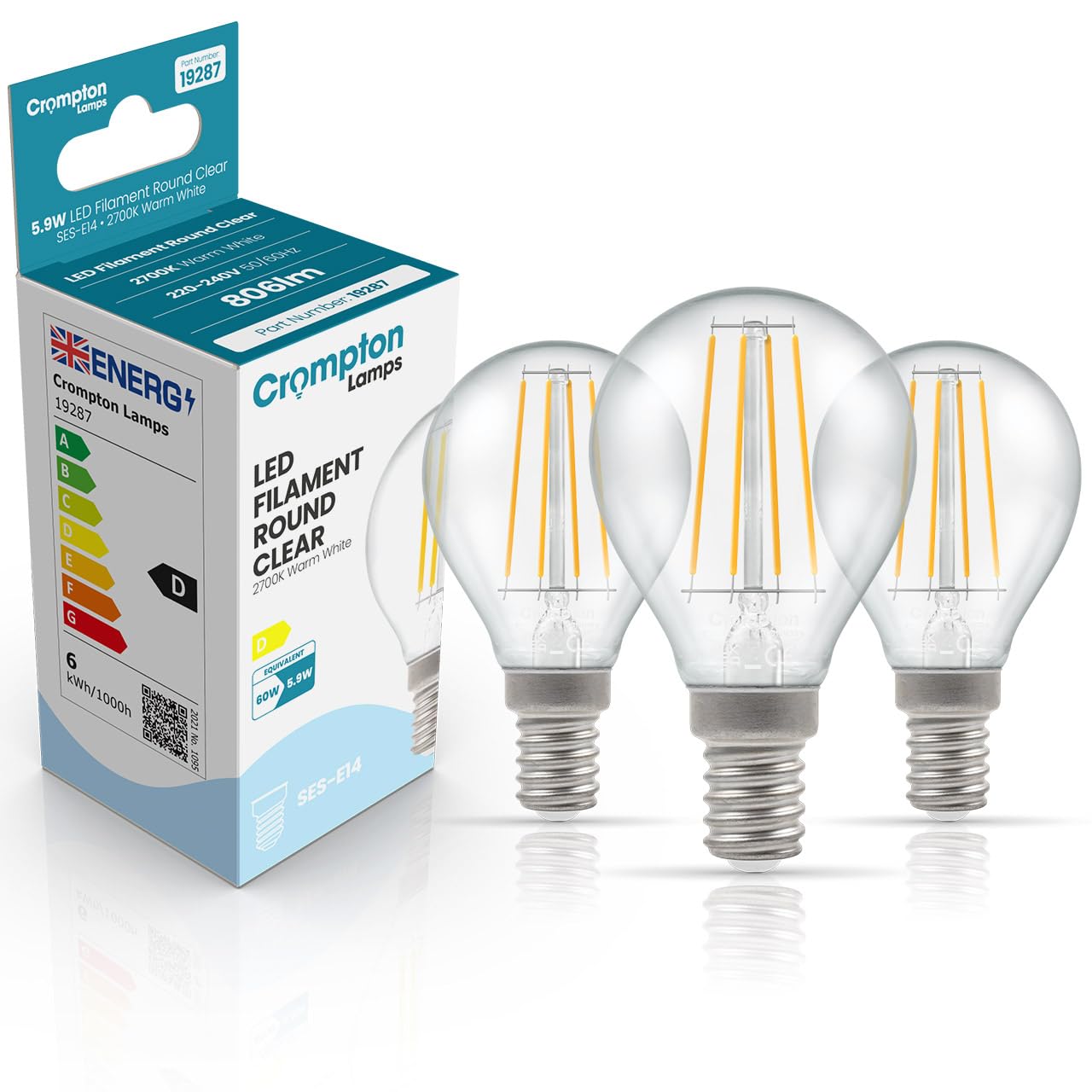 Crompton Lamps Filament Golfball LED Light Bulb SES-E14 | 5.9W = 60W Equivalent | Warm White 2700K | Energy Efficient | Small Screw Lightbulb | Long Life 15,000-Hrs | Clear Glass | Dimmable | 3-Pack