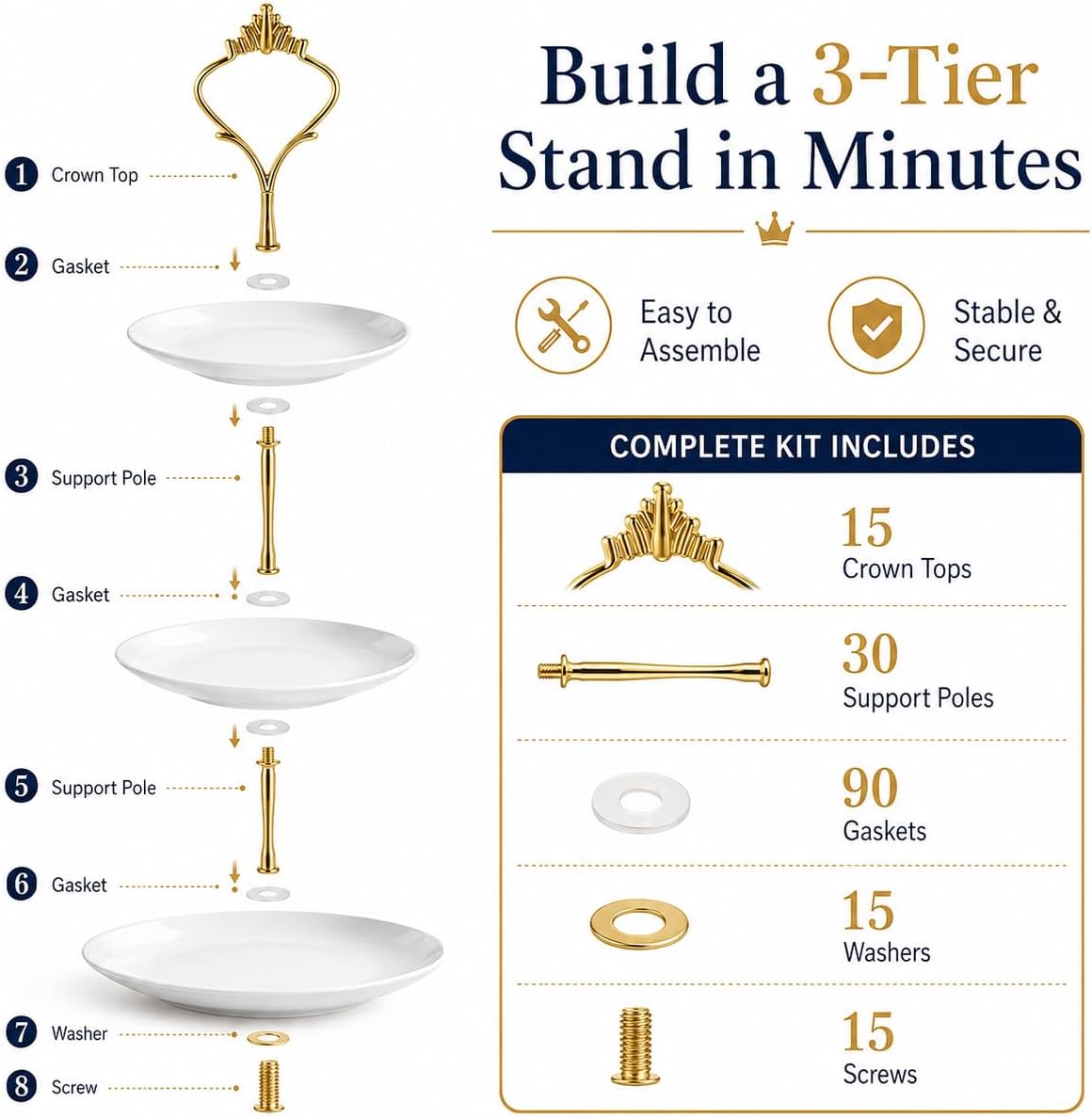 15 Pcs Tiered Tray Hardware Kit Crown Handle Zinc Alloy Gold 3-Tier | Coordinated gold finish for party trays; rods washers and screws support repeat DIY cake stand assembly