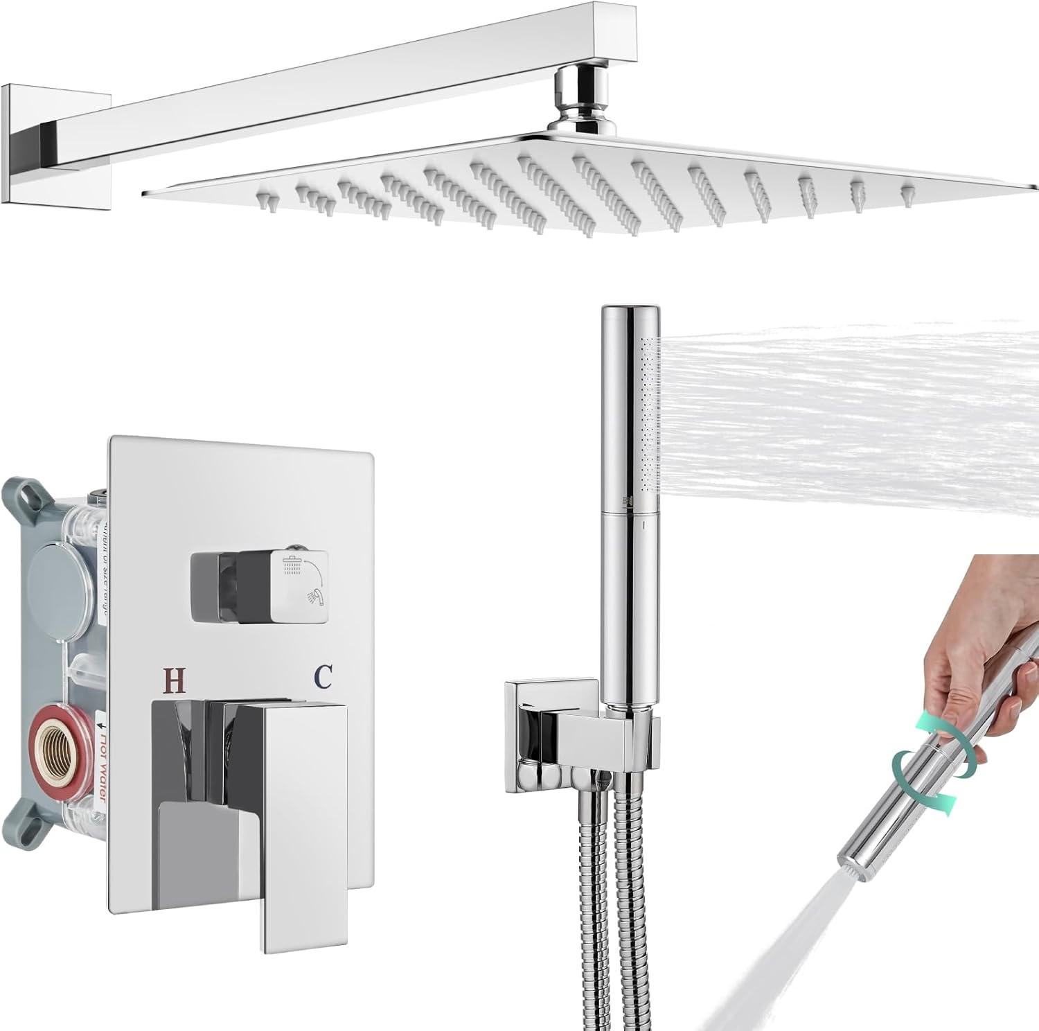 Heyalan Shower System Square Rain Shower System Head Shower Faucet Fixture 2 in 1 Handheld Shower Sprayer Rough in Valve Wall Mount Bathroom Rainfall Combo Set High Pressure,12 Inch,Polished Chrome