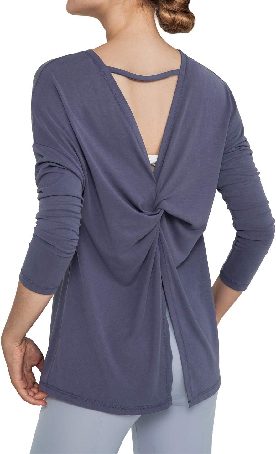 Women's Casual Long Sleeve Yoga Cover Up Tops Workout Exercise Shirts with Self-Tie Knotted Hem on Back