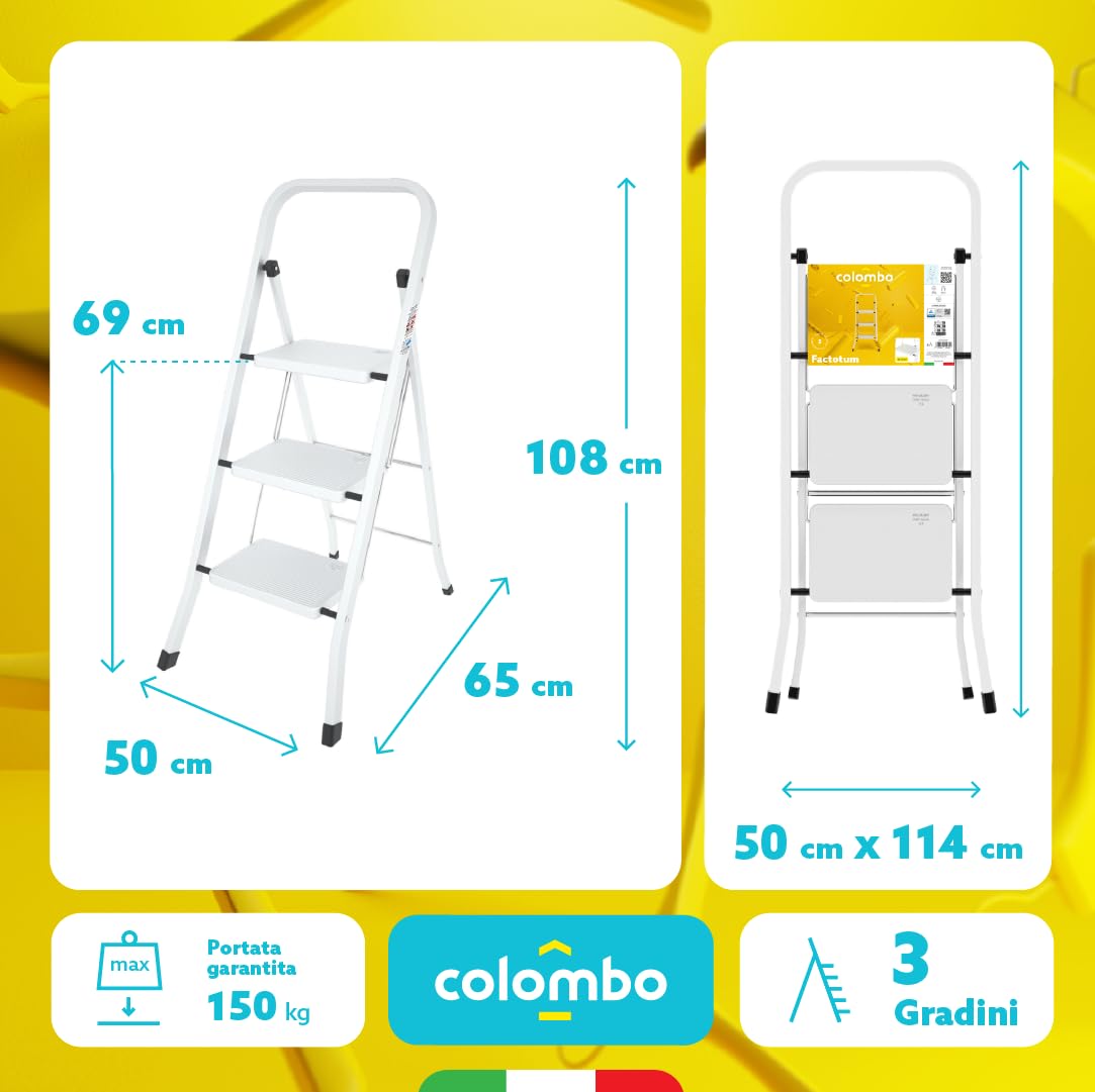 Colombo Scaletta Pieghevole 3 Gradini Factotum | Scala Richiudibile Domestica Salvaspazio in Acciaio con Gradini Antiscivolo Extra Larghi e Piedini in Gomma, Robusta e Sicura | Made In Italy