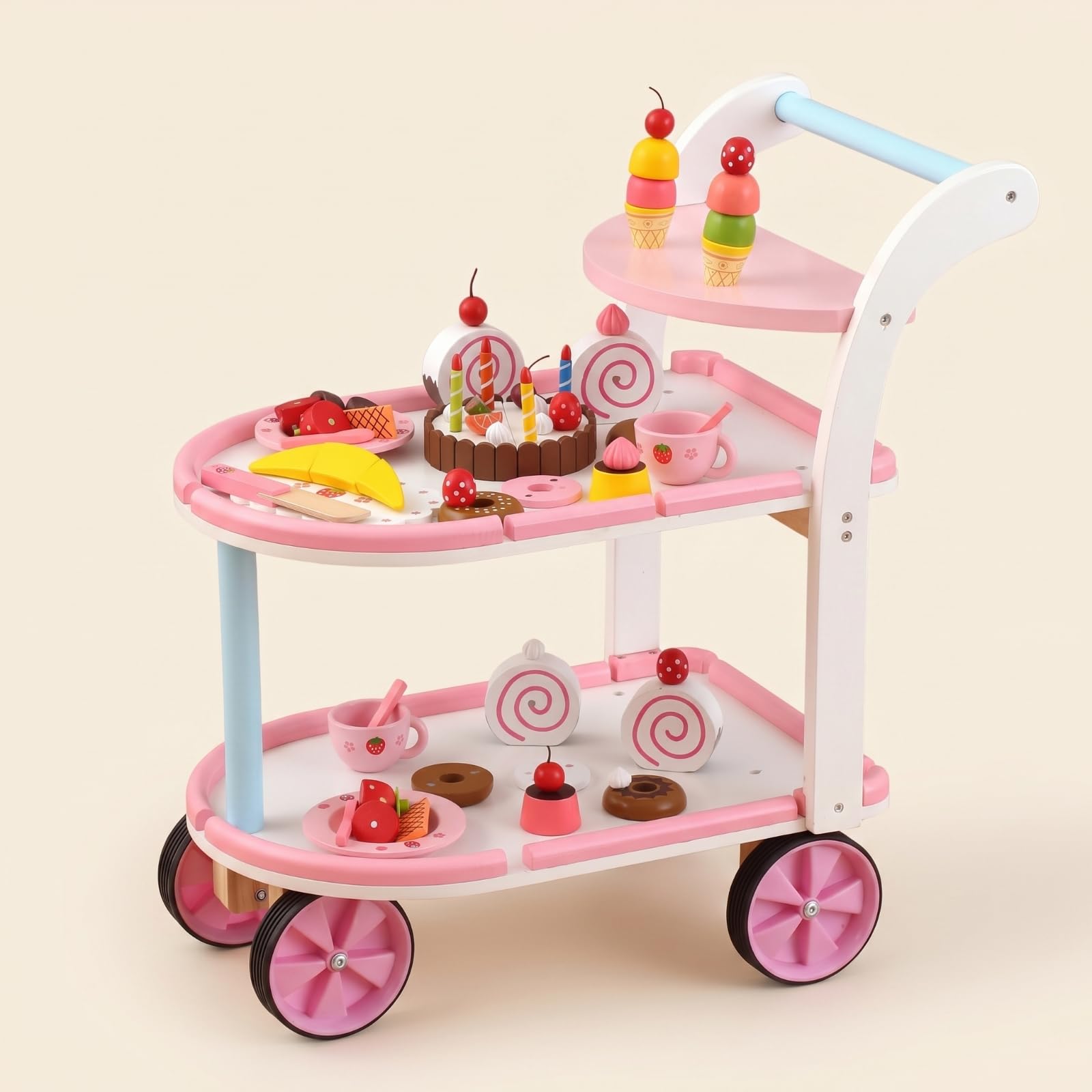 Carrello Pasticceria Bambini Giocattolo Cucina Carrello Dessert Banco Ruote Maniglia in Legno Finto Gioco Servizio Dolce con Ripiani Materiale Legno