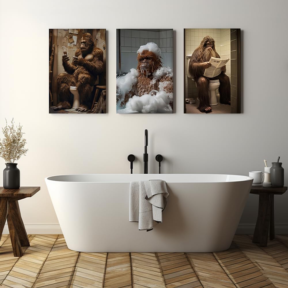 Bigfoot Funny Bathroom Decor Wall Art Set of 3,Bigfoot Bathing Sitting on Toilet Canvas Wall Art,Farmhouse Animal Wall Decor Funny Bathroom Signs Sasquatch Poster Prints Wall Hanging 16"x24"