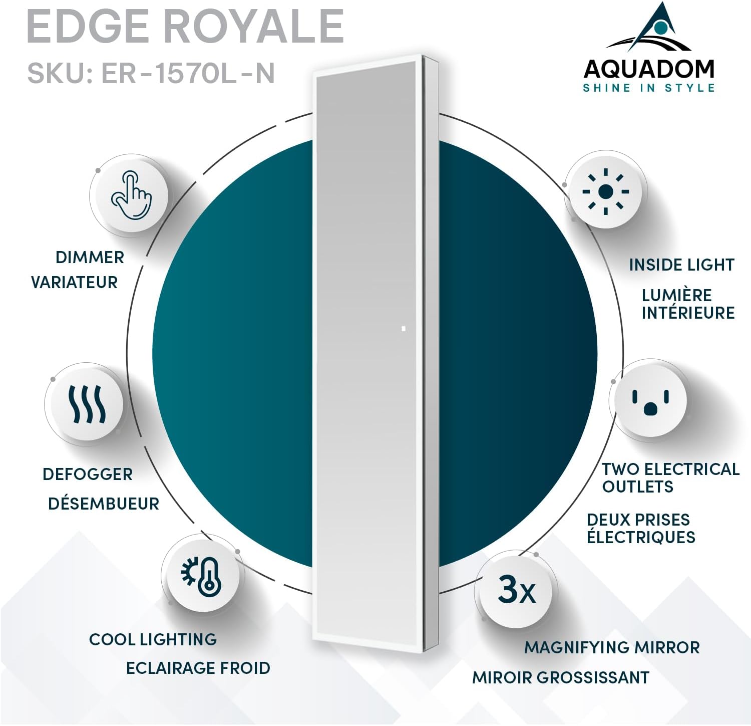Edge Royale, Tall, Side, LED Lighted Medicine Cabinet Defogger, 3X LED Lighted Vertically Adjustable Magnifying Mirror, Electrical Outlets, Recessed or Surface Mount (15W x 70H x 5D Left Hinge)