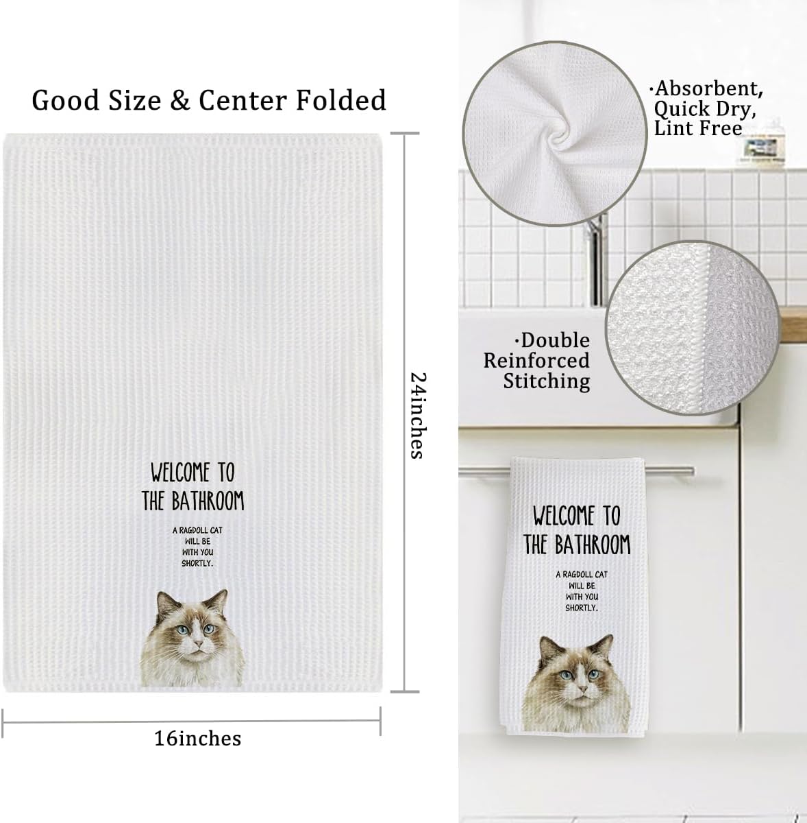 XUISWELL993 Ragdoll Cat Gifts for Women, Funny Welcome to The Bathroom A Ragdoll Cat Will Be with Hand Towels for Decor, 16x24 Inches - Image 2