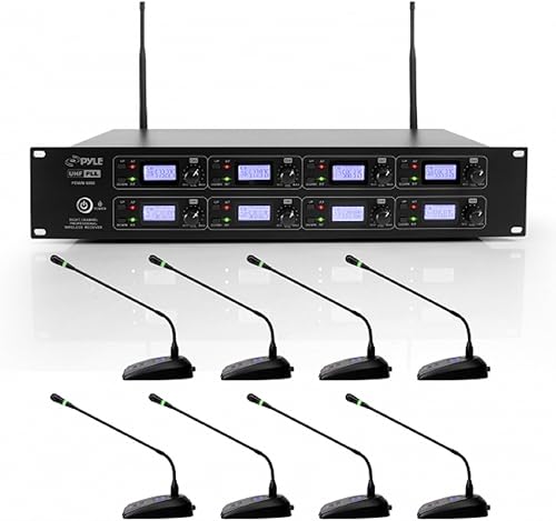 Miniatura 1 de Pyle Sistema de micrófono de conferencia de 8 canales, UHF, micrófonos inalámbricos y receptor para reuniones de mesa con 8 micrófonos de cuello de
